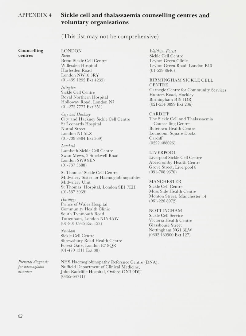 APPENDIX 4 Sickle cell and thalassaemia counselling centres and voluntary organisations (This list may not be comprehensive) Counselling centres LONDON Brent Brent Sickle Cell Centre Willesden Hospital Harlesden Road London NW10 3RY (01-459 1292 Ext 4235) Islington Sickle Cell Centre Royal Northern Hospital Holloway Road. London N7 (01-272 nil Ext 351) City and Hackney City and Hackney Sickle Cell Centre St Leonards Hospital Nuttal Street London N1 5LZ (01-739 8484 Ext 369) Lambeth Lambeth Sickle Cell Centre Swan Mews, 2 Stockwell Road London SW9 9EN (01-737 3588) St Thomas’ Sickle Cell Centre Midwifery Sister for Haemoglobinopathies Midwifery Unit St Thomas’ Hospital, London SE1 7EH (01-587 3939) Haringey Prince of Wales Hospital Community Health Clinic South Tynmouth Road Tottenham, London N15 4AW (01-801 0935 Ext 123) Newham Sickle Cell Centre Shrewsbury Road Health Centre Forest Gate, London E7 8QR (01-470 1311 Ext 38) Waltham Forest Sickle Cell Centre Leyton Green Clinic Leyton Green Road, London E10 (01-539 8646) BIRMINGHAM SICKLE CELL CENTRE Carnegie Centre for Community Services Hunters Road, Hockley Birmingham B19 1DR (021-554 3899 Ext 236) CARDIFF The Sickle Cell and Thalassaemia Counselling Centre Butetown Health Centre Loundoun Square Docks Cardiff (0222 488026) LIVERPOOL Liverpool Sickle Cell Centre Abercromby Health Centre Grove Street, Liverpool 8 (051-708 9370) MANCHESTER Sickle Cell Centre Moss Side Health Centre Monton Street, Manchester 14 (061-226 8972) NOTTINGHAM Sickle Cell Service Victoria Health Centre Glasshouse Street Nottingham NG1 3LW (0602 480500 Ext 127) Prenatal diagnosis for haemoglobin disorders NHS Haemoglobinopathy Reference Centre (DNA), Nuffield Department of Clinical Medicine, John Radcliffe Hospital, Oxford 0X3 9DU (0865-64711)