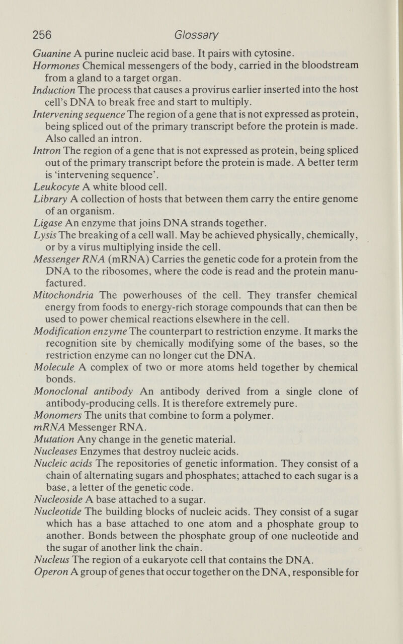 256 Glossary Guanine A purine nucleic acid base. It pairs with cytosine. Hormones Chemical messengers of the body, carried in the bloodstream from a gland to a target organ. Induction The process that causes a provirus earlier inserted into the host cell's DNA to break free and start to multiply. Intervening sequence The region of a gene that is not expressed as protein, being spUced out of the primary transcript before the protein is made. Also called an intron. Intron The region of a gene that is not expressed as protein, being spliced out of the primary transcript before the protein is made. A better term is 'intervening sequence'. Leukocyte A white blood cell. Library A collection of hosts that between them carry the entire genome of an organism. Ligase An enzyme that joins DNA strands together. Lysis The breaking of a cell wall. May be achieved physically, chemically, or by a virus multiplying inside the cell. Messenger RNA (mRNA) Carries the genetic code for a protein from the DNA to the ribosomes, where the code is read and the protein manu¬ factured. Mitochondria The powerhouses of the cell. They transfer chemical energy from foods to energy-rich storage compounds that can then be used to power chemical reactions elsewhere in the cell. Modification enzyme The counterpart to restriction enzyme. It marks the recognition site by chemically modifying some of the bases, so the restriction enzyme can no longer cut the DNA. Molecule A complex of two or more atoms held together by chemical bonds. Monoclonal antibody An antibody derived from a single clone of antibody-producing cells. It is therefore extremely pure. Monomers The units that combine to form a polymer. mRNA Messenger RNA. Mutation Any change in the genetic material. Nucleases Enzymes that destroy nucleic acids. Nucleic acids The repositories of genetic information. They consist of a chain of alternating sugars and phosphates; attached to each sugar is a base, a letter of the genetic code. Nucleoside A base attached to a sugar. Nucleotide The building blocks of nucleic acids. They consist of a sugar which has a base attached to one atom and a phosphate group to another. Bonds between the phosphate group of one nucleotide and the sugar of another link the chain. Nucleus The region of a eukaryote cell that contains the DNA. Operon A group of genes that occur together on the DNA, responsible for