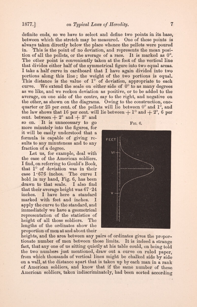 1877.] on Typical Laws of Heredity. 7 definite ends, so we have to select and define two points in its base, between which the stretch may be measured. One of these points is always taken directly below the place whence the pellets were poured in. This is the point of no deviation, and represents the mean posi¬ tion of all the pellets, or the average of a race. It is marked as 0°. The other point is conveniently taken at the foot of the vertical line that divides either half of the symmetrical figure into two equal areas. I take a half curve in cardboard that I have again divided into two portions along this line ; the weight of the two portions is equal. This distance is the value of 1° of deviation, appropriate to each curve. We extend the scale on either side of 0° to as many degrees as we like, and we reckon deviation as positive, or to be added to the average, on one side of the centre, say to the right, and negative on the other, as shown on the diagrams. Owing to the construction, one- quarter or 25 per cent, of the pellets will lie between 0° and 1°, and the law shows that 16 per cent, will lie between -j- 1° and -f- 2°, 6 per cent, between -f- 2° and -j- 3° and so on. It is unnecessary to go Fig. 6. more minutely into the figures, for it will be easily understood that a formula is capable of giving re¬ sults to any minuteness and to any fraction of a degree. Let us, for example, deal with the case of the American soldiers. I find, on referring to Gould's Book, that 1° of deviation was in their case 1*676 inches. The curve I hold in my hand. Fig. 6, has been drawn to that scale. I also find that their average height was 67 • 24 inches. I have here a standard marked with feet and inches. I apply the curve to the standard, and immediately we have a geometrical representation of the statistics of height of all those soldiers. The lengths of the ordinates show the proportion of men at and about their heights, and the area between any pairs of ordinates gives the propor¬ tionate number of men between those limits. It is indeed a strange fact, that any one of us sitting quietly at his table could, on being told the two numbers just mentioned, draw out a curve on ruled paper, from which thousands of vertical lines might be chalked side by side on a wall, at the distance apart that is taken up by each man in a rank of American soldiers, and know that if the same number of these American soldiers, taken indiscriminately, had been sorted accordincr
