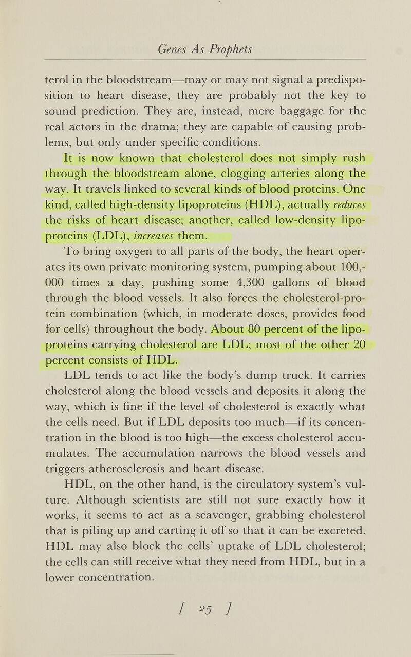 Genes As Prophets terol in the bloodstream—may or may not signal a predispo¬ sition to heart disease, they are probably not the key to sound prediction. They are, instead, mere baggage for the real actors in the drama; they are capable of causing prob¬ lems, but only under specific conditions. It is now known that cholesterol does not simply rush through the bloodstream alone, clogging arteries along the way. It travels linked to several kinds of blood proteins. One kind, called high-density lipoproteins (HDL), actually reduces the risks of heart disease; another, called low-density lipo¬ proteins (LDL), increases them. To bring oxygen to all parts of the body, the heart oper¬ ates its own private monitoring system, pumping about 100,- 000 times a day, pushing some 4,300 gallons of blood through the blood vessels. It also forces the cholesterol-pro¬ tein combination (which, in moderate doses, provides food for cells) throughout the body. About 80 percent of the lipo¬ proteins carrying cholesterol are LDL; most of the other 20 percent consists of HDL. LDL tends to act like the body's dump truck. It carries cholesterol along the blood vessels and deposits it along the way, which is fine if the level of cholesterol is exactly what the cells need. But if LDL deposits too much—if its concen¬ tration in the blood is too high—the excess cholesterol accu¬ mulates. The accumulation narrows the blood vessels and triggers atherosclerosis and heart disease. HDL, on the other hand, is the circulatory system's vul¬ ture. Although scientists are still not sure exactly how it works, it seems to act as a scavenger, grabbing cholesterol that is piling up and carting it off so that it can be excreted. HDL may also block the cells' uptake of LDL cholesterol; the cells can still receive what they need from HDL, but in a lower concentration. [ 25 ]