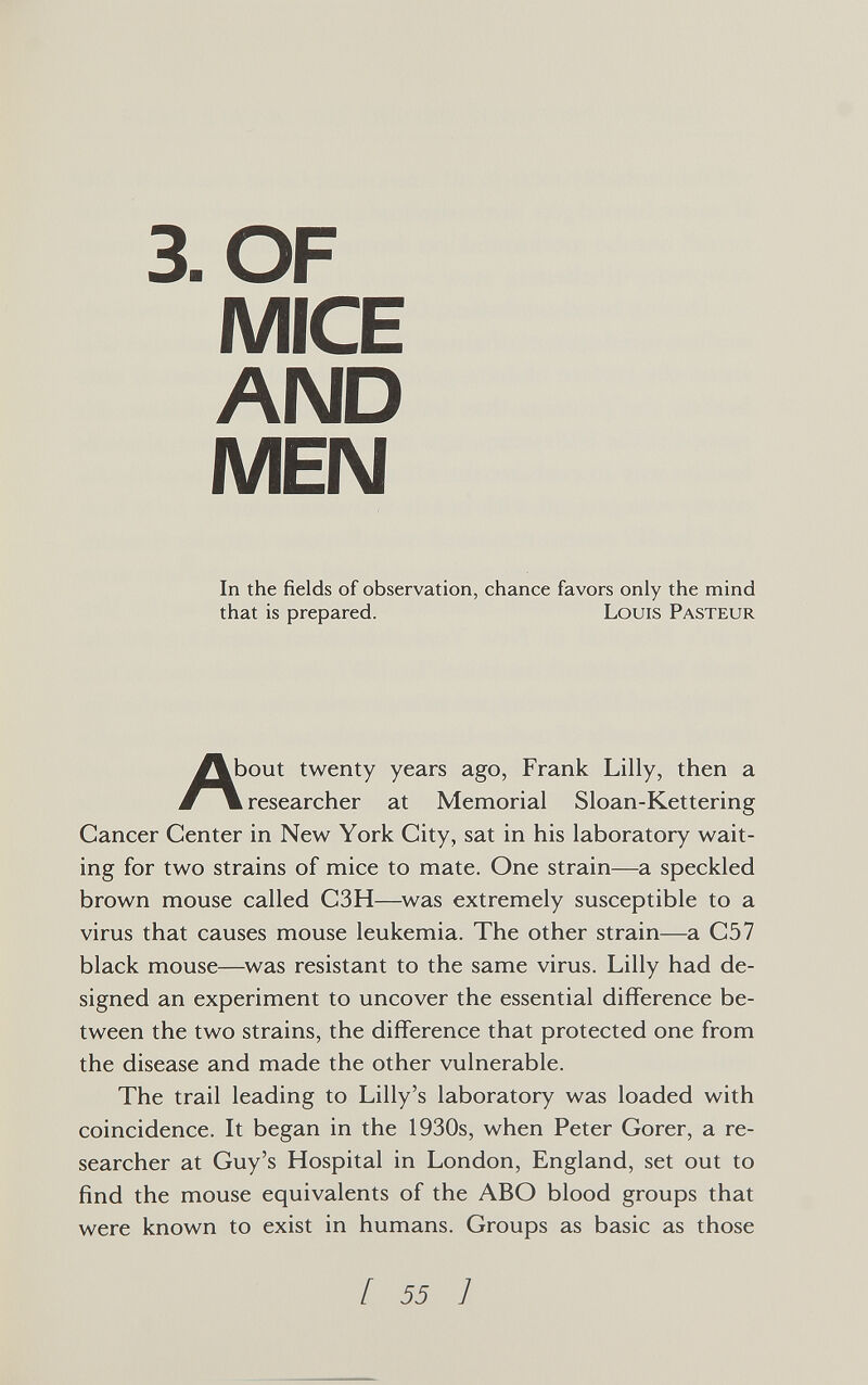 3.0F MICE AND MEN In the fields of observation, chance favors only the mind that is prepared. Louis Pasteur ^\bout twenty years ago, Frank Lilly, then a # m researcher at Memorial Sloan-Kettering Cancer Center in New York City, sat in his laboratory wait¬ ing for two strains of mice to mate. One strain—a speckled brown mouse called C3H—was extremely susceptible to a virus that causes mouse leukemia. The other strain—a C57 black mouse—^was resistant to the same virus. Lilly had de¬ signed an experiment to uncover the essential difference be¬ tween the two strains, the difference that protected one from the disease and made the other vulnerable. The trail leading to Lilly's laboratory was loaded with coincidence. It began in the 1930s, when Peter Gorer, a re¬ searcher at Guy's Hospital in London, England, set out to find the mouse equivalents of the ABO blood groups that were known to exist in humans. Groups as basic as those [ 55 J