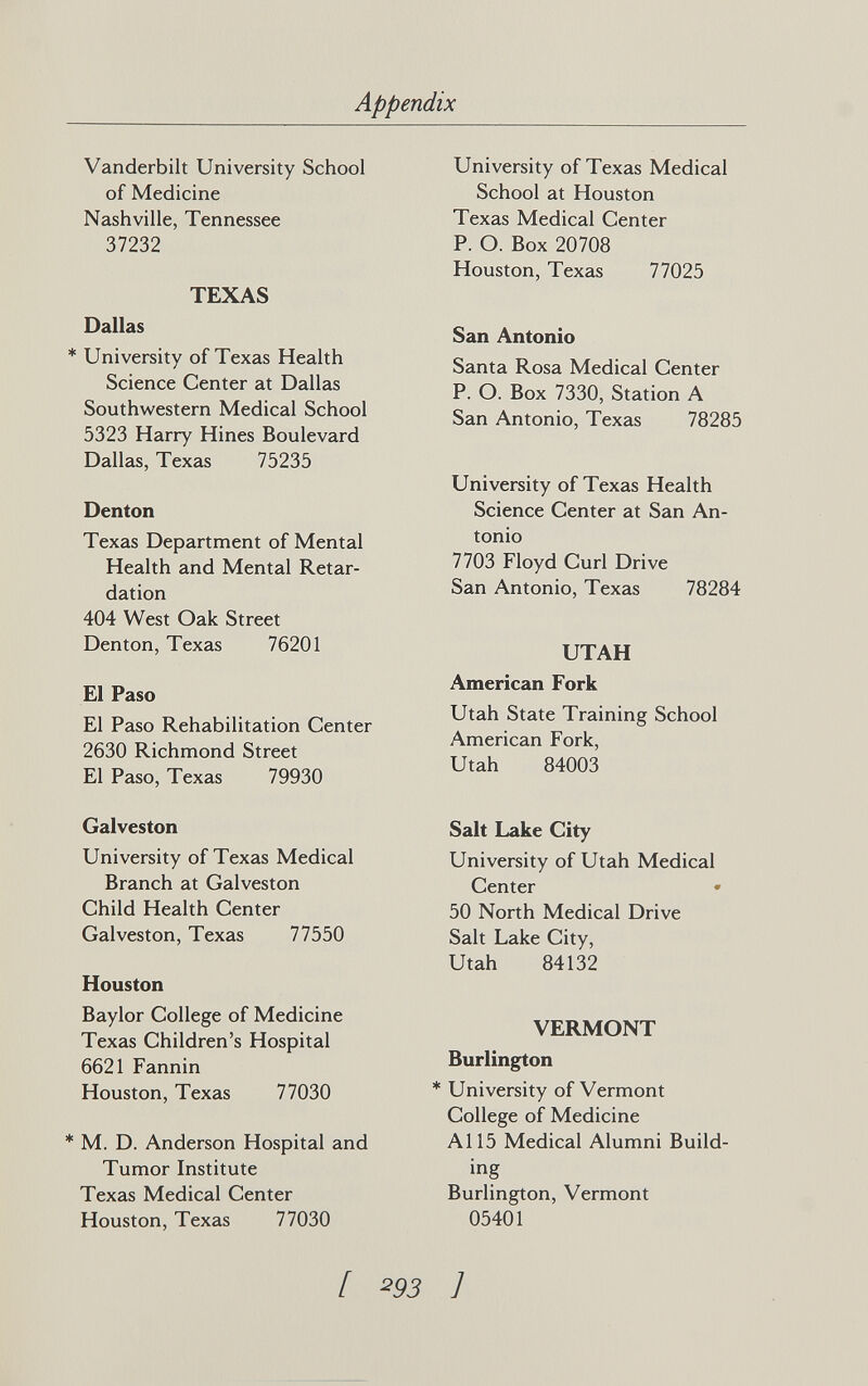 Appendix Vanderbilt University School of Medicine Nashville, Tennessee 37232 TEXAS Dallas * University of Texas Health Science Center at Dallas Southwestern Medical School 5323 Harry Hines Boulevard Dallas, Texas 75235 Denton Texas Department of Mental Health and Mental Retar¬ dation 404 West Oak Street Denton, Texas 76201 El Paso El Paso Rehabilitation Center 2630 Richmond Street El Paso, Texas 79930 Galveston University of Texas Medical Branch at Galveston Child Health Center Galveston, Texas 77550 Houston Baylor College of Medicine Texas Children's Hospital 6621 Fannin Houston, Texas 77030 * M. D. Anderson Hospital and Tumor Institute Texas Medical Center Houston, Texas 77030 University of Texas Medical School at Houston Texas Medical Center P. O. Box 20708 Houston, Texas 77025 San Antonio Santa Rosa Medical Center P. O. Box 7330, Station A San Antonio, Texas 78285 University of Texas Health Science Center at San An¬ tonio 7703 Floyd Curl Drive San Antonio, Texas 78284 UTAH American Fork Utah State Training School American Fork, Utah 84003 Salt Lake City University of Utah Medical Center • 50 North Medical Drive Salt Lake City, Utah 84132 VERMONT Burlington * University of Vermont College of Medicine A115 Medical Alumni Build¬ ing Burlington, Vermont 05401 [ 293 ]