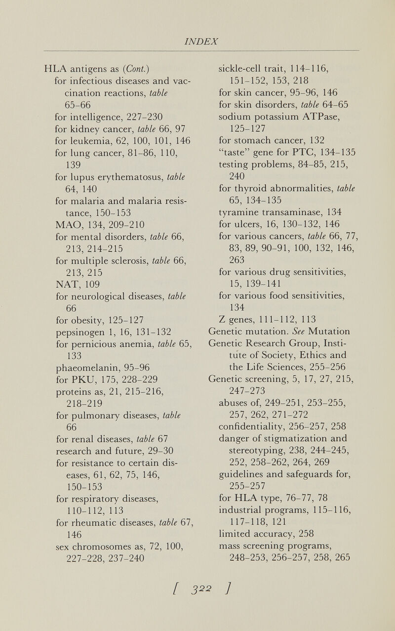 INDEX HLA antigens as (Cont.) for infectious diseases and vac¬ cination reactions, table 65-66 for intelligence, 227-230 for kidney cancer, table 66, 97 for leukemia, 62, 100, 101, 146 for lung cancer, 81-86, 110, 139 for lupus erythematosus, table 64, 140 for malaria and malaria resis¬ tance, 150-153 MAO, 134, 209-210 for mental disorders, table 66, 213, 214-215 for multiple sclerosis, table 66, 213, 215 NAT, 109 for neurological diseases, table 66 for obesity, 125-127 pepsinogen 1, 16, 131-132 for pernicious anemia, table 65, 133 phaeomelanin, 95-96 for PKU, 175, 228-229 proteins as, 21, 215-216, 218-219 for pulmonary diseases, table 66 for renal diseases, table 67 research and future, 29-30 for resistance to certain dis¬ eases, 61, 62, 75, 146, 150-153 for respiratory diseases, 110-112, 113 for rheumatic diseases, table 67, 146 sex chromosomes as, 72, 100, 227-228, 237-240 sickle-cell trait, 114-116, 151-152,153, 218 for skin cancer, 95-96, 146 for skin disorders, table 64-65 sodium potassium ATPase, 125-127 for stomach cancer, 132 taste gene for PTC, 134-135 testing problems, 84-85, 215, 240 for thyroid abnormalities, table 65,134-135 tyramine transaminase, 134 for ulcers, 16, 130-132, 146 for various cancers, table 66, 77, 83, 89, 90-91, 100, 132, 146, 263 for various drug sensitivities, 15, 139-141 for various food sensitivities, 134 Z genes, 111-112, 113 Genetic mutation. See Mutation Genetic Research Group, Insti¬ tute of Society, Ethics and the Life Sciences, 255-256 Genetic screening, 5, 17, 27, 215, 247-273 abuses of, 249-251, 253-255, 257, 262, 271-272 confidentiality, 256-257, 258 danger of stigmatization and stereotyping, 238, 244-245, 252, 258-262, 264, 269 guidelines and safeguards for, 255-257 for HLA type, 76-77, 78 industrial programs, 115-116, 117-118, 121 limited accuracy, 258 mass screening programs, 248-253, 256-257, 258, 265 [ 3^^ ]