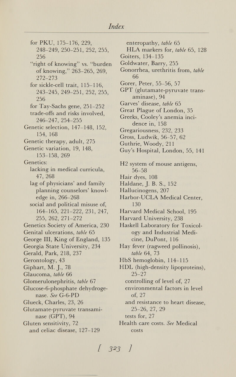 Index for PKU, 175-176, 229, 248-249, 250-251, 252, 255, 256 right of knowing vs. burden of knowing, 263-265, 269, 272-273 for sickle-cell trait, 115-116, 243-245, 249-251, 252, 255, 256 for Tay-Sachs gene, 251-252 trade-offs and risks involved, 246-247, 254-255 Genetic selection, 147-148, 152, 154, 168 Genetic therapy, adult, 275 Genetic variation, 19, 148, 153-158, 269 Genetics: lacking in medical curricula, 47, 268 lag of physicians' and family planning counselors' knowl¬ edge in, 266-268 social and political misuse of, 164-165, 221-222, 231, 247, 255, 262, 271-272 Genetics Society of America, 230 Genital ulcerations, table 65 George III, King of England, 135 Georgia State University, 234 Gerald, Park, 218, 237 Gerontology, 43 Giphart, M. J., 78 Glaucoma, table 66 Glomerulonephritis, table 67 Glucose-6-phosphate dehydroge¬ nase. See G-6-PD Glueck, Charles, 23, 26 Glutamate-pyruvate transami¬ nase (GPT), 94 Gluten sensitivity, 72 and celiac disease, 127-129 enteropathy, table 65 HLA markers for, table 65, 128 Goiters, 134-135 Goldwater, Barry, 255 Gonorrhea, urethritis from, table 66 Gorer, Peter, 55-56, 57 GPT (glutamate-pyruvate trans¬ aminase), 94 Garves' disease, table 65 Great Plague of London, 35 Greeks, Cooley's anemia inci¬ dence in, 158 Gregariousness, 232, 233 Gross, Ludwik, 56-57, 62 Guthrie, Woody, 211 Guy's Hospital, London, 55, 141 H2 system of mouse antigens, 56-58 Hair dyes, 108 Haldane, J. B. S., 152 Hallucinogens, 207 Harbor-UCLA Medical Center, 130 Harvard Medical School, 195 Harvard University, 238 Haskell Laboratory for Toxicol¬ ogy and Industrial Medi¬ cine, DuPont, 116 Hay fever (ragweed pollinosis), table 64, 73 HbS hemoglobin, 114-115 HDL (high-density lipoproteins), 25-27 controlling of level of, 27 environmental factors in level of, 27 and resistance to heart disease, 25-26, 27, 29 tests for, 27 Health care costs. See Medical costs [ 323 ]