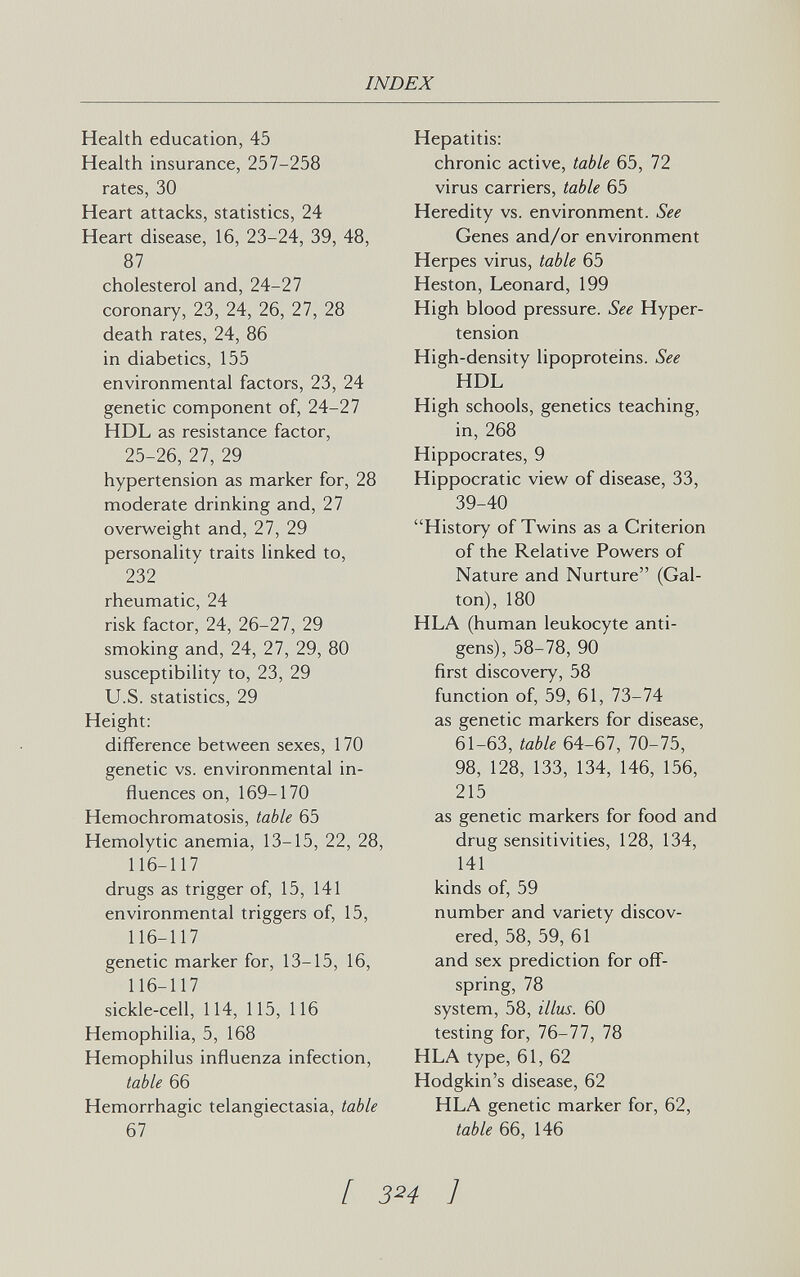 INDEX Health education, 45 Health insurance, 257-258 rates, 30 Heart attacks, statistics, 24 Heart disease, 16, 23-24, 39, 48, 87 cholesterol and, 24-27 coronary, 23, 24, 26, 27, 28 death rates, 24, 86 in diabetics, 155 environmental factors, 23, 24 genetic component of, 24-27 HDL as resistance factor, 25-26, 27, 29 hypertension as marker for, 28 moderate drinking and, 27 overweight and, 27, 29 personality traits linked to, 232 rheumatic, 24 risk factor, 24, 26-27, 29 smoking and, 24, 27, 29, 80 susceptibility to, 23, 29 U.S. statistics, 29 Height: difference between sexes, 170 genetic vs. environmental in¬ fluences on, 169-170 Hemochromatosis, table 65 Hemolytic anemia, 13-15, 22, 28, 116-117 drugs as trigger of, 15, 141 environmental triggers of, 15, 116-117 genetic marker for, 13-15, 16, 116-117 sickle-cell, 114, 115, 116 Hemophilia, 5, 168 Hemophilus influenza infection, table 66 Hemorrhagic telangiectasia, table 67 Hepatitis: chronic active, table 65, 72 virus carriers, table 65 Heredity vs. environment. See Genes and/or environment Herpes virus, table 65 Heston, Leonard, 199 High blood pressure. See Hyper¬ tension High-density lipoproteins. See HDL High schools, genetics teaching, in, 268 Hippocrates, 9 Hippocratic view of disease, 33, 39-40 History of Twins as a Criterion of the Relative Powers of Nature and Nurture (Gal- ton), 180 HLA (human leukocyte anti¬ gens), 58-78, 90 first discovery, 58 function of, 59, 61, 73-74 as genetic markers for disease, 61-63, table 64-67, 70-75, 98, 128, 133, 134, 146, 156, 215 as genetic markers for food and drug sensitivities, 128, 134, 141 kinds of, 59 number and variety discov¬ ered, 58, 59, 61 and sex prediction for off¬ spring, 78 system, 58, illus. 60 testing for, 76-77, 78 HLA type, 61, 62 Hodgkin's disease, 62 HLA genetic marker for, 62, table 66, 146 [ 3^4 1 ' .ü