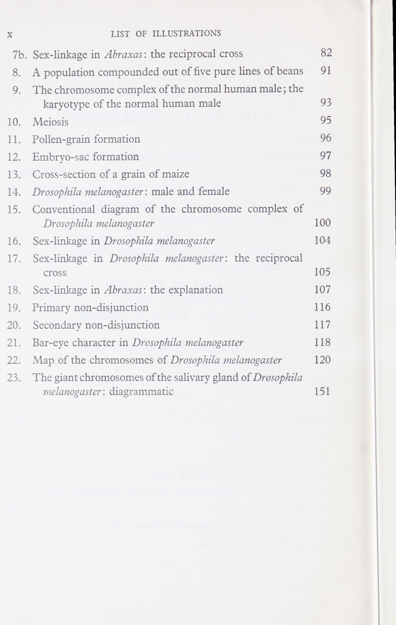 X LIST OF ILLUSTRATIONS 7b. Sex-linkage in Abraxas: the reciprocal cross 82 8. A population compounded out of five pure lines of beans 91 9. The chromosome complex of the normal human male ; the karyotype of the normal human male 93 10. Meiosis 95 11. Pollen-grain formation 96 12. Embryo-sac formation 97 13. Cross-section of a grain of maize 98 14. Drosophila melanogaster : male and female 99 15. Conventional diagram of the chromosome complex of Drosophila melanogaster 100 16. Sex-linkage in Drosophila melanogaster 104 17. Sex-linkage in Drosophila melanogastei. the reciprocal cross 105 18. Sex-linkage in Abraxas: the explanation 107 19. Primary non-disjunction 116 20. Secondary non-disjunction 117 21. Bar-eye character in Drosophila melanogaster 118 22. Map of the chromosomes of Drosophila melanogaster 120 23. The giant chromosomes of the salivary gland of Drosophila melanogaster: diagrammatic 151