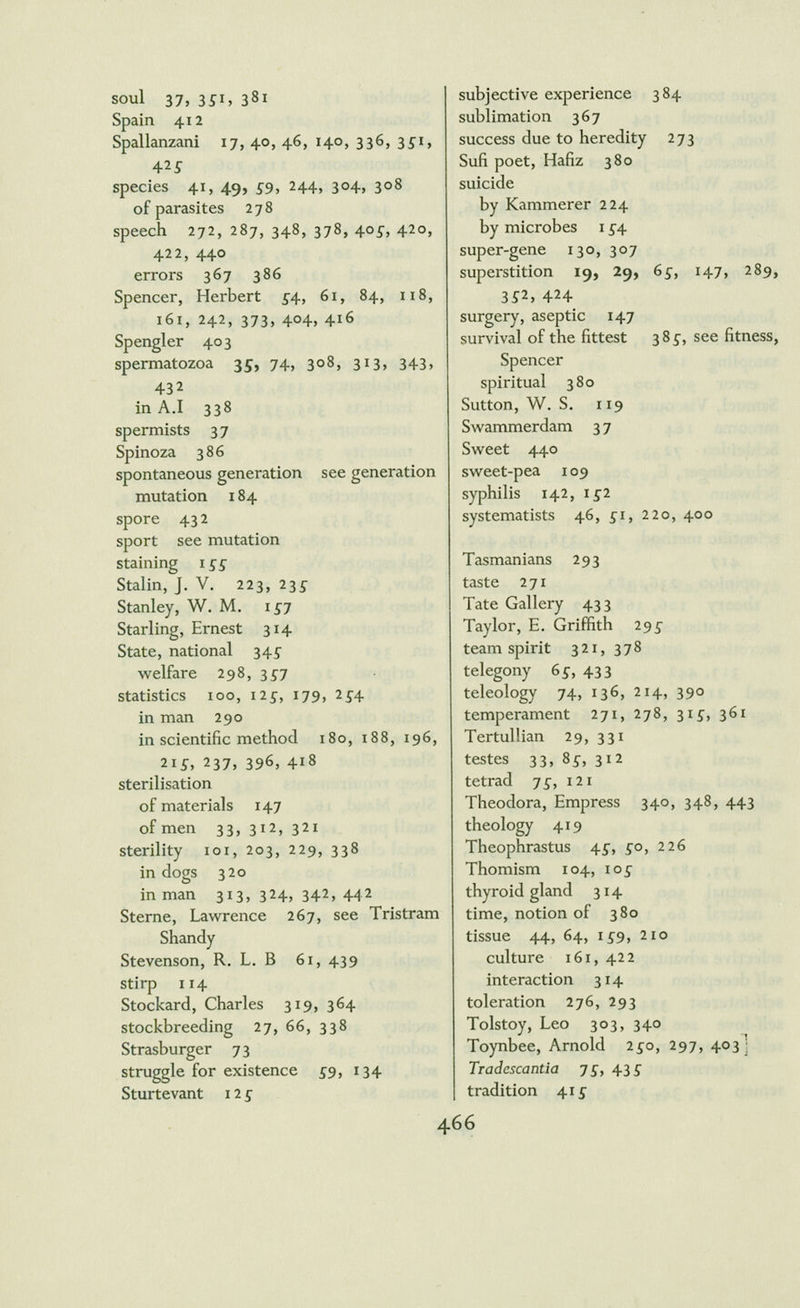 soul 37, 351, 381 Spain 412 Spallanzani 17, 40, 46, 140, 336, 3^1, 42 í species 41, 49, ss, 244, 304, 308 of parasites 278 speech 272, 287, 348, 378, 405-, 420, 422, 440 errors 367 386 Spencer, Herbert 5^4, 61, 84, 118, i6i, 242, 373, 404, 416 Spengler 403 spermatozoa 35, 74, 308, 313, 343, 432 in A.I 338 spermists 37 Spinoza 386 spontaneous generation see generation mutation 184 spore 43 2 sport see mutation staining I ££ Stalin, J. V, 223, 23Í Stanley, W. M. 15-7 Starling, Ernest 314 State, national 345^ welfare 298, 3^7 statistics 100, lis, 179, 2^4 in man 290 in scientific method 180, i88, 196, 21Í, 237, 396, 418 sterilisation of materials 147 of men 33, 312, 321 sterility loi, 203, 229, 338 in dogs 320 in man 313,324,342,442 Sterne, Lawrence 267, see Tristram Shandy Stevenson, R. L. В 6i, 439 stirp 114 Stockard, Charles 319, 364 stockbreeding 27, 66, 338 Strasburger 73 struggle for existence S9y ^34 Sturtevant 12 j subjective experience 384 sublimation 367 success due to heredity 273 Sufi poet. Hafiz 380 suicide by Kammerer 224 by microbes 15'4 super-gene 130, 307 superstition 19, 29, 6s, 147, 289, 3Í2, 424 surgery, aseptic 147 survival of the fittest 385^, see fitness, Spencer spiritual 380 Sutton, W. S. 119 Swammerdam 3 7 Sweet 440 sweet-pea 109 syphilis 142, 1^2 systematists 46, ^i, 220, 400 Tasmanians 293 taste 271 Tate Gallery 433 Taylor, E. Griffith 29J team spirit 321, 378 telegony 6i, 433 teleology 74, 136, 214, 390 temperament 271, 278, 315, 361 Tertullian 29, 331 testes 33, 8s, 312 tetrad js, 121 Theodora, Empress 340, 348, 443 theology 419 Theophrastus 4^, ^o, 226 Thomism 104, 105^ thyroid gland 314 time, notion of 380 tissue 44, 64, 1^9, 210 culture 161, 422 interaction 314 toleration 276, 293 Tolstoy, Leo 303, 340 Toynbee, Arnold 2^0, 297, 403; Tradescantia Js, 43 Í tradition 41^