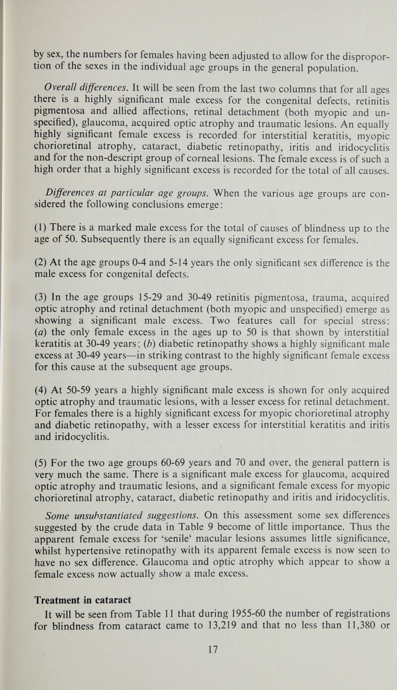 by sex, the numbers for females having been adjusted to allow for the dispropor¬ tion of the sexes in the individual age groups in the general population. Overall differences. It will be seen from the last two columns that for all ages there is a highly significant male excess for the congenital defects, retinitis pigmentosa and allied affections, retinal detachment (both myopic and un¬ specified), glaucoma, acquired optic atrophy and traumatic lesions. An equally highly significant female excess is recorded for interstitial keratitis, myopic chorioretinal atrophy, cataract, diabetic retinopathy, iritis and iridocyclitis and for the non-descript group of corneal lesions. The female excess is of such a high order that a highly significant excess is recorded for the total of all causes. Differences at particular age groups. When the various age groups are con¬ sidered the following conclusions emerge : (1) There is a marked male excess for the total of causes of bhndness up to the age of 50. Subsequently there is an equally significant excess for females. (2) At the age groups 0-4 and 5-14 years the only significant sex difference is the male excess for congenital defects. (3) In the age groups 15-29 and 30-49 retinitis pigmentosa, trauma, acquired optic atrophy and retinal detachment (both myopic and unspecified) emerge as showing a significant male excess. Two features call for special stress: {a) the only female excess in the ages up to 50 is that shown by interstitial keratitis at 30-49 years; {b) diabetic retinopathy shows a highly significant male excess at 30-49 years—in striking contrast to the highly significant female excess for this cause at the subsequent age groups. (4) At 50-59 years a highly significant male excess is shown for only acquired optic atrophy and traumatic lesions, with a lesser excess for retinal detachment. For females there is a highly significant excess for myopic chorioretinal atrophy and diabetic retinopathy, with a lesser excess for interstitial keratitis and iritis and iridocyclitis. (5) For the two age groups 60-69 years and 70 and over, the general pattern is very much the same. There is a significant male excess for glaucoma, acquired optic atrophy and traumatic lesions, and a significant female excess for myopic chorioretinal atrophy, cataract, diabetic retinopathy and iritis and iridocyclitis. Some unsubstantiated suggestions. On this assessment some sex differences suggested by the crude data in Table 9 become of httle importance. Thus the apparent female excess for 'senile' macular lesions assumes httle significance, whilst hypertensive retinopathy with its apparent female excess is now seen to have no sex difference. Glaucoma and optic atrophy which appear to show a female excess now actually show a male excess. Treatment in cataract It will be seen from Table 11 that during 1955-60 the number of registrations for blindness from cataract came to 13,219 and that no less than 11,380 or 17