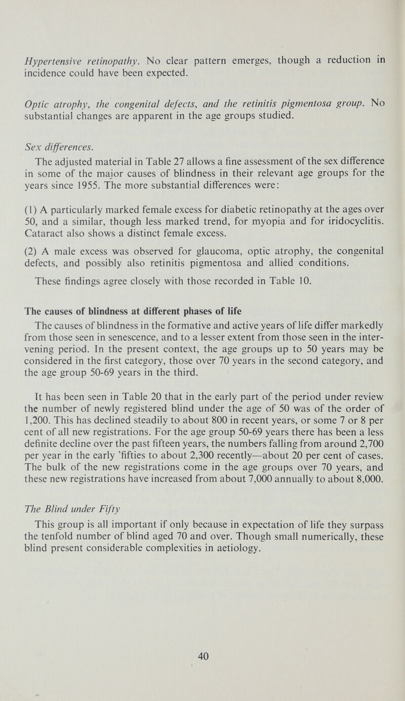 Hypertensive retinopathy. No clear pattern emerges, though a reduction in incidence could have been expected. Optic atrophy, the congenital defects, and the retinitis pigmentosa group. No substantial changes are apparent in the age groups studied. Sex differences. The adjusted material in Table 27 allows a fine assessment of the sex difference in some of the major causes of blindness in their relevant age groups for the years since 1955. The more substantial differences were: (1) A particularly marked female excess for diabetic retinopathy at the ages over 50, and a similar, though less marked trend, for myopia and for iridocyclitis. Cataract also shows a distinct female excess. (2) A male excess was observed for glaucoma, optic atrophy, the congenital defects, and possibly also retinitis pigmentosa and aUied conditions. These findings agree closely with those recorded in Table 10. The causes of blindness at different phases of life The causes of blindness in the formative and active years of life differ markedly from those seen in senescence, and to a lesser extent from those seen in the inter¬ vening period. In the present context, the age groups up to 50 years may be considered in the first category, those over 70 years in the second category, and the age group 50-69 years in the third. It has been seen in Table 20 that in the early part of the period under review the number of newly registered bhnd under the age of 50 was of the order of 1,200. This has declined steadily to about 800 in recent years, or some 7 or 8 per cent of all new registrations. For the age group 50-69 years there has been a less definite decline over the past fifteen years, the numbers falHng from around 2,700 per year in the early 'fifties to about 2,300 recently—about 20 per cent of cases. The bulk of the new registrations come in the age groups over 70 years, and these new registrations have increased from about 7,000 annually to about 8,000. The Blind under Fifty This group is all important if only because in expectation of life they surpass the tenfold number of blind aged 70 and over. Though small numerically, these blind present considerable complexities in aetiology. 40