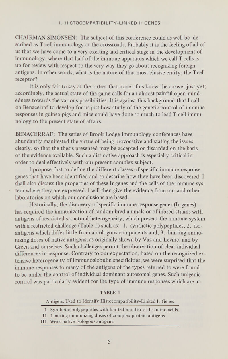 I. HISTOCOMPATIBILITY-LINKED Ir GENES CHAIRMAN SIMONSEN: The subject of this conference could as well be de¬ scribed as T ceU immunology at the crossroads. Prt)bably it is the feeling of all of us that we have come to a very exciting and critical stage in the development of immunology, where that half of the immune apparatus which we call T cells is up for review with respect to the very way they go about recognizing foreign antigens. In other words, what is the nature of that most elusive entity, the Tcell receptor? It is only fair to say at the outset that none of us know the answer just yet; accordingly, the actual state of the game calls for an almost painful open-mind- edness towards the various possibilities. It is against this background that I call on Benacerraf to develop for us just how study of the genetic control of immune responses in guinea pigs and mice could have done so much to lead T cell immu¬ nology to the present state of affairs. BENACERRAF: The series of Brook Lodge immunology conferences have abundantly manifested the virtue of being provocative and stating the issues clearly, so that the thesis presented may be accepted or discarded on the basis of the evidence available. Such a distinctive approach is especially critical in order to deal effectively with our present complex subject. I propose first to define the different classes of specific immune response genes that have been identified and to describe how they have been discovered. I shall also discuss the properties of these Ir genes and the cells of the immune sys¬ tem where they are expressed. I will then give the evidence from our and other laboratories on which our conclusions are based. Historically, the discovery of specific immune response genes (Ir genes) has required the immunization of random bred animals or of inbred strains with antigens of restricted structural heterogeneity, which present the immune system with a restricted challenge (Table 1) such as: 1. synthetic polypeptides, 2. iso- antigens which differ little from autologous components and, 3. limiting immu¬ nizing doses of native antigens, as originally shown by Vaz and Levine, and by Green and ourselves. Such challenges permit the observation of clear individual differences in response. Contrary to our expectation, based on the recognized ex¬ tensive heterogeneity of immunoglobulin specificities, we were surprised that the immune responses to many of the antigens of the types referred to were found to be under the control of individual dominant autosomal genes. Such unigenic control was particularly evident for the type of immune responses which are at- TABLE 1 Antigens Used to Identify Histocompatibility-Linked Ir Genes I. Synthetic polypeptides with limited number of L-amino acids. II. Limiting immunizing doses of complex protein antigens. III. Weak native isologous antigens. 5