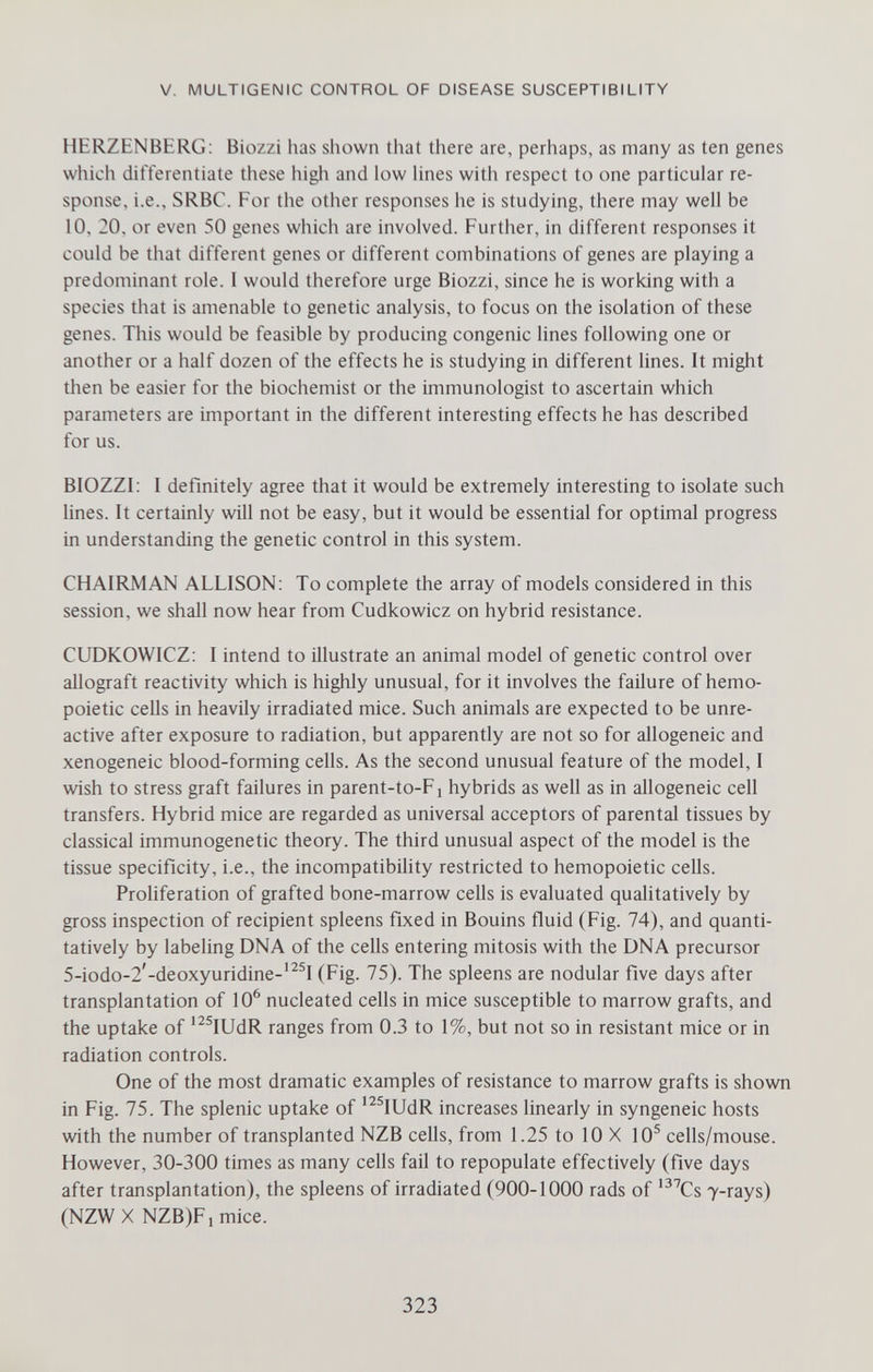 V. MULTIGENIC CONTROL OF DISEASE SUSCEPTIBILITY HERZENBERG: Biozzi has shown that there are, perhaps, as many as ten genes which differentiate these higli and low hnes with respect to one particular re¬ sponse, i.e., SRBC. For the other responses he is studying, there may well be 10, 20, or even 50 genes which are involved. Further, in different responses it could be that different genes or different combinations of genes are playing a predominant role. I would therefore urge Biozzi, since he is working with a species that is amenable to genetic analysis, to focus on the isolation of these genes. This would be feasible by producing congenie lines following one or another or a half dozen of the effects he is studying in different lines. It might then be easier for the biochemist or the immunologist to ascertain which parameters are important in the different interesting effects he has described for us. BIOZZI: I definitely agree that it would be extremely interesting to isolate such lines. It certainly will not be easy, but it would be essential for optimal progress in understanding the genetic control in this system. CHAIRMAN ALLISON: To complete the array of models considered in this session, we shall now hear from Cudkowicz on hybrid resistance. CUDKOWICZ; I intend to illustrate an animal model of genetic control over allograft reactivity which is highly unusual, for it involves the failure of hemo¬ poietic cells in heavily irradiated mice. Such animals are expected to be unre- active after exposure to radiation, but apparently are not so for allogeneic and xenogeneic blood-forming cells. As the second unusual feature of the model, I wish to stress graft failures in parent-to-Fj hybrids as well as in allogeneic cell transfers. Hybrid mice are regarded as universal acceptors of parental tissues by classical immunogenetic theory. The third unusual aspect of the model is the tissue specificity, i.e., the incompatibihty restricted to hemopoietic cells. Prohferation of grafted bone-marrow cells is evaluated qualitatively by gross inspection of recipient spleens fixed in Bouins fluid (Fig. 74), and quanti¬ tatively by labeling DNA of the cells entering mitosis with the DNA precursor 5-iodo-2'-deoxyuridine-'^^I (Fig. 75). The spleens are nodular five days after transplantation of 10^ nucleated cells in mice susceptible to marrow grafts, and the uptake of '^^lUdR ranges from 0.3 to 1%, but not so in resistant mice or in radiation controls. One of the most dramatic examples of resistance to marrow grafts is shown in Fig. 75. The splenic uptake of '^^lUdR increases linearly in syngeneic hosts with the number of transplanted NZB cells, from 1.25 to 10 X 10® cells/mouse. However, 30-300 times as many cells fail to repopulate effectively (five days after transplantation), the spleens of irradiated (900-1000 rads of '^'Cs 7-rays) (NZWX NZB)Fimice. 323