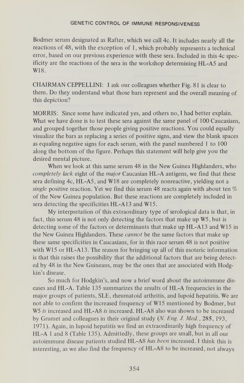 GENETIC CONTROL OF IMMUNE RESPONSIVENESS Bodmer serum designated as Rafter, which we call 4c. It includes nearly all the reactions of 48, with the exception of 1, which probably represents a technical error, based on our previous experience with these sera. Included in this 4c spec¬ ificity are the reactions of the sera in the workshop determining HL-A5 and W18. CHAIRMAN CEPPELLINI: I ask our colleagues whether Fig. 81 is clear to them. Do they understand what those bars represent and the overall meaning of this depiction? MORRIS; Since some have indicated yes, and others no, I had better explain. What we have done is to test these sera against the same panel of 100 Caucasians, and grouped together those people giving positive reactions. You could equally visualize the bars as replacing a series of positive signs, and view the blank spaces as equaling negative signs for each serum, with the panel numbered 1 to 100 along the bottom of the figure. Perhaps this statement will help give you the desired mental picture. When we look at this same serum 48 in the New Guinea Highlanders, who completely lack eight of the major Caucasian HL-A antigens, we find that these sera defining 4c, HL-A5, and W18 are completely nonreactive, yielding not a single positive reaction. Yet we find this serum 48 reacts again with about ten % of the New Guinea population. But these reactions are completely included in sera detecting the specificities HL-A 13 and W15. My interpretation of this extraordinary type of serological data is that, in fact, this serum 48 is not only detecting the factors that make up W5, but is detecting some of the factors or determinants that make up HL-A 13 and W15 in the New Guinea Highlanders. These cannot be the same factors that make up these same specificities in Caucasians, for in this race serum 48 is not positive with W15 or HL-A13. The reason for bringing up all of this esoteric information is that this raises the possibility that the additional factors that are being detect¬ ed by 48 in the New Guineans, may be the ones that are associated with Hodg- kin's disease. So much for Hodgkin's, and now a brief word about the autoimmune dis¬ eases and HL-A. Table 135 summarizes the results of HL-A frequencies in the major groups of patients, SLE, rheumatoid arthritis, and lupoid hepatitis. We are not able to confirm the increased frequency of W15 mentioned by Bodmer, but W5 is increased and HL-A8 is increased. HL-A8 also was shown to be increased by Grumet and colleagues in their original study {N. Eng. J. Med., 285, 193, 1971). Again, in lupoid hepatitis we find an extraordinarily high frequency of HL-A 1 and 8 (Table 135). Admittedly, these groups are small, but in all our autoimmune disease patients studied HL-A8 has been increased. I think this is interesting, as we also find the frequency of HL-A8 to be increased, not always 354