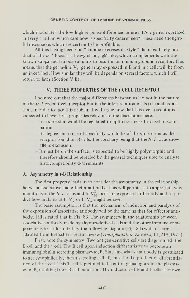 GENETIC CONTROL OF IMMUNE RESPONSIVENESS which modulates the low-high response difference, or are all Ir-1 genes expressed in every t cell; in which case how is specificity determined? These need thought¬ ful discussions which are certain to be profitable. All this having been said comme exercises de style the most likely pro¬ duct of the Ir-1 locus is a heavy chain, IgM-hke, which complements with the known kappa and lambda subunits to result in an immunoglobulin receptor. This means that the germ-line Vj_, gene array expressed in В and in t cells will be from unhnked loci. How similar they will be depends on several factors which I will return to later (Section V B). V. THREE PROPERTIES OF THE t CELL RECEPTOR I pointed out that the major differences between us lay not in the nature of the Ir-1 coded t cell receptor but in the interpretation of its role and expres¬ sion. In order to face this problem I will argue now that this t cell receptor is expected to have three properties relevant to the discussions here: — Its expression would be regulated to optimize the self-nonself discrimi¬ nation. — Its degree and range of specificity would be of the same order as the receptor found on В cells: the corollary being that the Ir-1 locus show allehc exclusion. — It must be on the surface, is expected to be highly polymorphic and therefore should be revealed by the general techniques used to analyze histocompatibility determinants. A. Asymmetry in t-B Relationship The first property leads us to consider the asymmetry in the relationship between associative and effector antibody. This will permit us to appreciate why mutations at the Ir-1 locus and Ir-V^ locus are expressed differently and to pre¬ dict how mutants at Ir-V^ or Ir-V^^ might behave. The basic assumption is that the mechanism of induction and paralysis of the expression of associative antibody will be the same as that for effector anti¬ body. I illustrated that in Fig. 83. The asymmetry in the relationship between associative antibody made by thymus-derived cells and the other immune com¬ ponents is best illustrated by the following diagram (Fig. 84) which I have adapted from Bretscher's recent (Transplantation Reviews, 11,218,1972). First, note the symmetry. Two antigen-sensitive cells are diagrammed, the В cell and the t cell. The В cell upon induction differentiates to become an immunoglobuhn secreting plasmacyte, P. Since associative antibody is postulated to act cytophihcally, then a secreting cell, T, must be the product of differentia¬ tion of the t cell. This T cell is pictured to be entirely analogous to the plasma¬ cyte, P, resulting from В cell induction. The induction of В and t cells is known 400