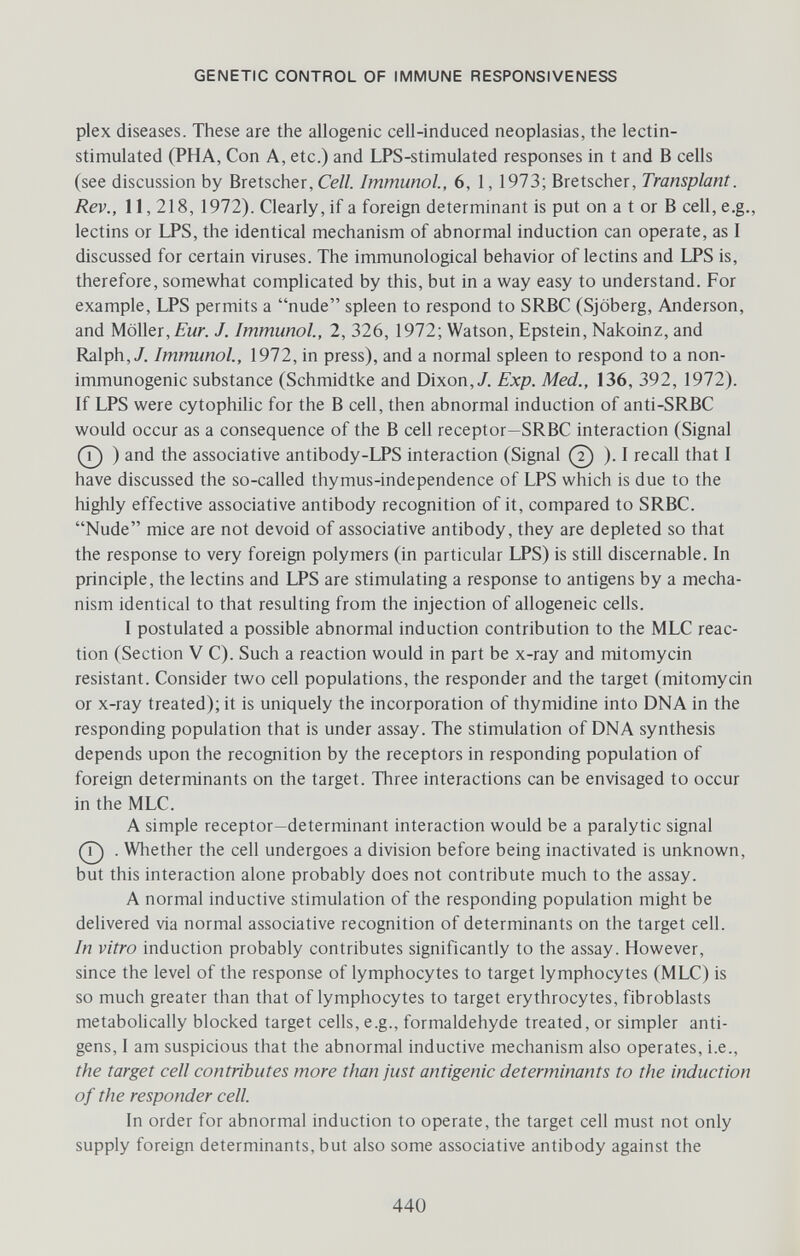 GENETIC CONTROL OF IMMUNE RESPONSIVENESS plex diseases. These are the allogenic cell-induced neoplasias, the lectin- stimulated (PHA, Con A, etc.) and LPS-stimulated responses in t and В cells (see discussion by Bretscher, Cell. Immunol, 6, 1, 1973; Bretscher, Transplant. Rev., 11, 218, 1972). Clearly, if a foreign determinant is put on a t or В cell, e.g., lectins or LPS, the identical mechanism of abnormal induction can operate, as I discussed for certain viruses. The immunological behavior of lectins and LPS is, therefore, somewhat complicated by this, but in a way easy to understand. For example, LPS permits a nude spleen to respond to SRBC (Sjöberg, Anderson, and Möller, J. Immunol, 2, 326, 1972; Watson, Epstein, Nakoinz, and Ralph,/. Immunol, 1972, in press), and a normal spleen to respond to a non- immunogenic substance (Schmidtke and Dixon,/. Exp. Med., 136, 392, 1972). If LPS were cytophilic for the В cell, then abnormal induction of anti-SRBC would occur as a consequence of the В cell receptor—SRBC interaction (Signal (7) ) and the associative antibody-LPS interaction (Signal ). I recall that I have discussed the so-called thymus-independence of LPS which is due to the highly effective associative antibody recognition of it, compared to SRBC. Nude mice are not devoid of associative antibody, they are depleted so that the response to very foreign polymers (in particular LPS) is still discernable. In principle, the lectins and LPS are stimulating a response to antigens by a mecha¬ nism identical to that resulting from the injection of allogeneic cells. I postulated a possible abnormal induction contribution to the MLC reac¬ tion (Section V C). Such a reaction would in part be x-ray and mitomycin resistant. Consider two cell populations, the responder and the target (mitomycin or x-ray treated); it is uniquely the incorporation of thymidine into DNA in the responding population that is under assay. The stimulation of DNA synthesis depends upon the recognition by the receptors in responding population of foreign determinants on the target. Three interactions can be envisaged to occur in the MLC. A simple receptor—determinant interaction would be a paralytic signal . Whether the cell undergoes a division before being inactivated is unknown, but this interaction alone probably does not contribute much to the assay. A normal inductive stimulation of the responding population might be dehvered via normal associative recognition of determinants on the target cell. In vitro induction probably contributes significantly to the assay. However, since the level of the response of lymphocytes to target lymphocytes (MLC) is so much greater than that of lymphocytes to target erythrocytes, fibroblasts metabolically blocked target cells, e.g., formaldehyde treated, or simpler anti¬ gens, 1 am suspicious that the abnormal inductive mechanism also operates, i.e., the target cell contributes more than just antigenic determinants to the induction of the responder cell In order for abnormal induction to operate, the target cell must not only supply foreign determinants, but also some associative antibody against the 440