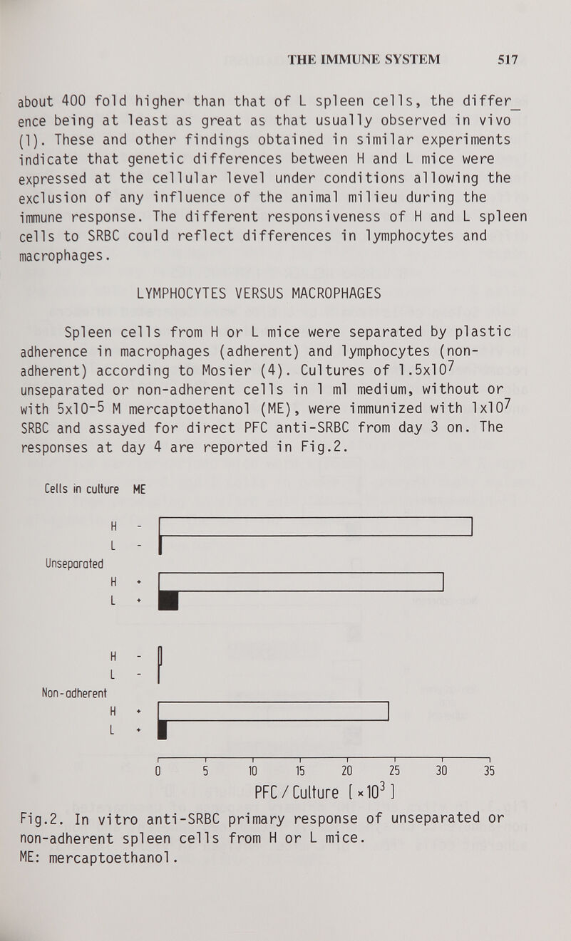 THE IMMUNE SYSTEM 517 about 400 fold higher than that of L spleen cells, the differ_ enee being at least as great as that usually observed in vivo (1). These and other findings obtained in similar experiments indicate that genetic differences between H and L mice were expressed at the cellular level under conditions allowing the exclusion of any influence of the animal milieu during the immune response. The different responsiveness of H and L spleen cells to SRBC could reflect differences in lymphocytes and macrophages. LYMPHOCYTES VERSUS MACROPHAGES Spleen cells from H or L mice were separated by plastic adherence in macrophages (adherent) and lymphocytes (non¬ adherent) according to Mosier (4). Cultures of 1.5x10^ unseparated or non-adherent cells in 1 ml medium, without or with 5x10-5 M mercaptoethanol (ME), were immunized with 1x10^ SRBC and assayed for direct PFC anti-SRBC from day 3 on. The responses at day 4 are reported in Fig.2. Cells in culture ME E F ^ I 1 1 1 1 1 1 1 0 5 10 15 20 25 30 35 PFC/Culture [ >«104 Fig.2. In vitro anti-SRBC primary response of unseparated or non-adherent spleen cells from H or L mice. ME: mercaptoethanol. L Unseparated L Non-adherent H