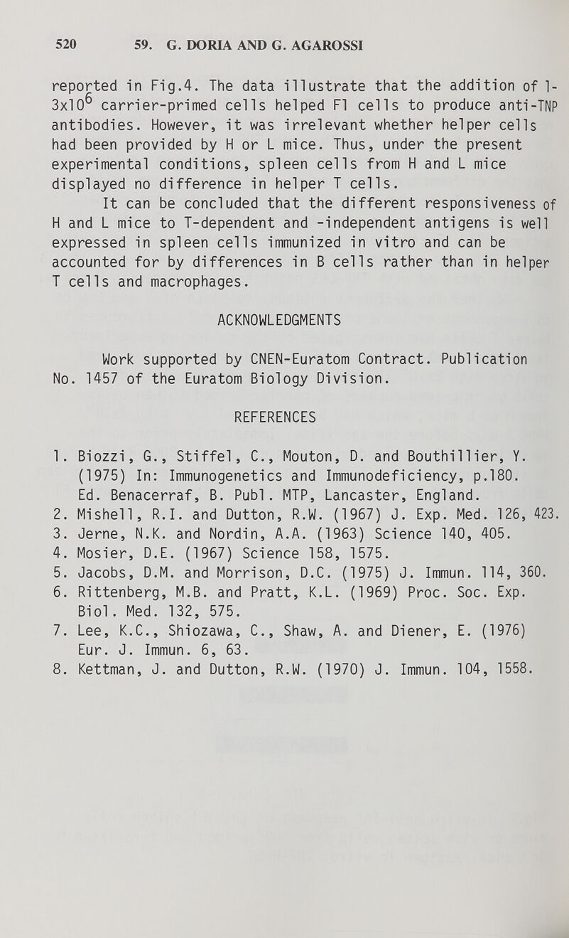 520 59. G. DORIA AND G. AGAROSSI reported in Fig.4. The data illustrate that the addition of 1- 3x10® carrier-primed cells helped Fl cells to produce anti-TNP antibodies. However, it was irrelevant whether helper cells had been provided by H or L mice. Thus, under the present experimental conditions, spleen cells from H and L mice displayed no difference in helper T cells. It can be concluded that the different responsiveness of H and L mice to T-dependent and -independent antigens is well expressed in spleen cells immunized in vitro and can be accounted for by differences in В cells rather than in helper T cells and macrophages. ACKNOWLEDGMENTS Work supported by CNEN-Euratom Contract. Publication No. 1457 of the Euratom Biology Division. REFERENCES 1. Biozzi, G., Stiffel, C., Mouton, D. and Bouthillier, Y. (1975) In: Immunogenetics and Immunodeficiency, p.180. Ed. Benacerraf, B. Pubi. MTP, Lancaster, England. 2. Mishell, R.I. and Dutton, R.W. (1967) J. Exp. Med. 126, 423. 3. Jerne, N.K. and Nordin, A.A. (1963) Science 140, 405. 4. Mosier, D.E. (1967) Science 158, 1575. 5. Jacobs, D.M. and Morrison, D.C. (1975) J. Immun. 114, 360. 6. Rittenberg, M.B. and Pratt, K.L. (1969) Proc. Soc. Exp. Biol. Med. 132, 575. 7. Lee, K.C., Shiozawa, C., Shaw, A. and Diener, E. (1976) Eur. J. Immun. 6, 63. 8. Kettman, J. and Dutton, R.W. (1970) J. Immun. 104, 1558.