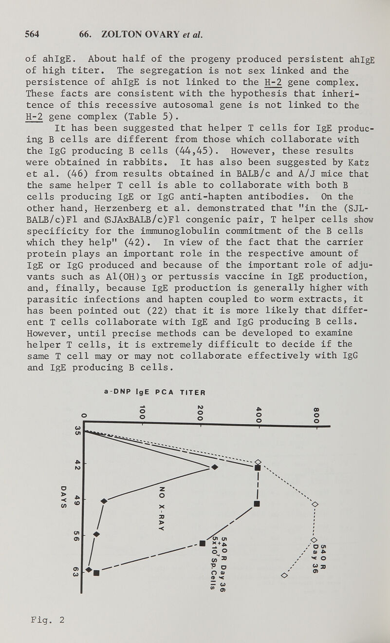 564 66. ZOLTON OVARY et al. of ahlgE. About half of the progeny produced persistent ahlgE of high titer. The segregation is not sex linked and the persistence of ahlgE is not linked to the H-2 gene complex. These facts are consistent with the hypothesis that inheri- tence of this recessive autosomal gene is not linked to the H-2 gene complex (Table 5). It has been suggested that helper T cells for IgE produc¬ ing В cells are different from those which collaborate with the IgG producing В cells (44,45). However, these results were obtained in rabbits. It has also been suggested by Katz et al. (46) from results obtained in BALB/c and A/J mice that the same helper T cell is able to collaborate with both В cells producing IgE or IgG anti-hapten antibodies. On the other hand, Herzenberg et al. demonstrated that in the (SJL- BALB/c)F1 and (SJAxBALB/c)Fl congenie pair, T helper cells show specificity for the immunoglobulin commitment of the В cells which they help (42). In view of the fact that the carrier protein plays an important role in the respective amount of IgE or IgG produced and because of the important role of adju¬ vants such as А1(0Н)з or pertussis vaccine in IgE production, and, finally, because IgE production is generally higher with parasitic infections and hapten coupled to worm extracts, it has been pointed out (22) that it is more likely that differ¬ ent T cells collaborate with IgE and IgG producing В cells. However, until precise methods can be developed to examine helper T cells, it is extremely difficult to decide if the same T cell may or may not collaborate effectively with IgG and IgE producing В cells. a-DNP IgE PCA TITER Fig. 2