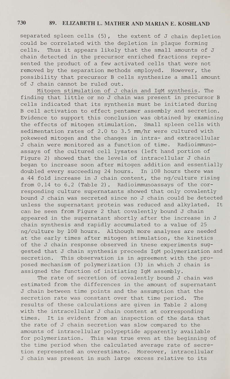 730 89. ELIZABETH L. MATHER AND MARIAN E. KOSHLAND separated spleen cells (5) , the extent of J chain depletion could be correlated with the depletion in plaque forming cells. Thus it appears likely that the small amounts of J chain detected in the precursor enriched fractions repre¬ sented the product of a few activated cells that were not removed by the separation methods employed. However, the possibility that precursor В cells synthesize a small amount of J chain cannot be ruled out. Mitogen stimulation of J chain and IgM synthesis. The finding that little or no J chain was present in precursor В cells indicated that its synthesis must be initiated during В cell activation to effect pentamer assembly and secretion. Evidence to support this conclusion was obtained by examining the effects of mitogen stimulation. Small spleen cells with sedimentation rates of 2.0 to 3.5 mm/hr were cultured with pokeweed mitogen and the changes in intra- and extracellular J chain were monitored as a function of time. Radioimmuno¬ assays of the cultured cell lysates (left hand portion of Figure 2) showed that the levels of intracellular J chain began to increase soon after mitogen addition and essentially doiibled every succeeding 24 hours. In 108 hours there was a 44 fold increase in J chain content, the ng/culture rising from 0.14 to 6.2 (Table 2). Radioimmunoassays of the cor¬ responding culture supernatants showed that only covalently bound J chain was secreted since no J chain could be detected unless the supernatant protein was reduced and alkylated. It can be seen from Figure 2 that covalently bound J chain appeared in the supernatant shortly after the increase in J chain synthesis and rapidly accumulated to a value of 25 ng/culture by 108 hours. Although more analyses are needed at the early times after mitogen stimulation, the kinetics of the J chain response observed in tnese experiments sug¬ gested that J chain synthesis preceeds IgM polymerization and secretion. This observation is in agreement with the pro¬ posed mechanism of polymerization (3) in which J chain is assigned the function of initiating IgM assembly. The rate of secretion of covalently bound J chain was estimated from the differences in the amount of supernatant J chain between time points and the assumption that the secretion rate was constant over that time period. The results of these calculations are given in Table 2 along with the intracellular J chain content at corresponding times. It is evident from an inspection of the data that the rate of J chain secretion was slow compared to the amounts of intracellular polypeptide apparently available for polymerization. This was true even at the beginning of the time period when the calculated average rate of secre¬ tion represented an overestimate. Moreover, intracellular J chain was present in such large excess relative to its