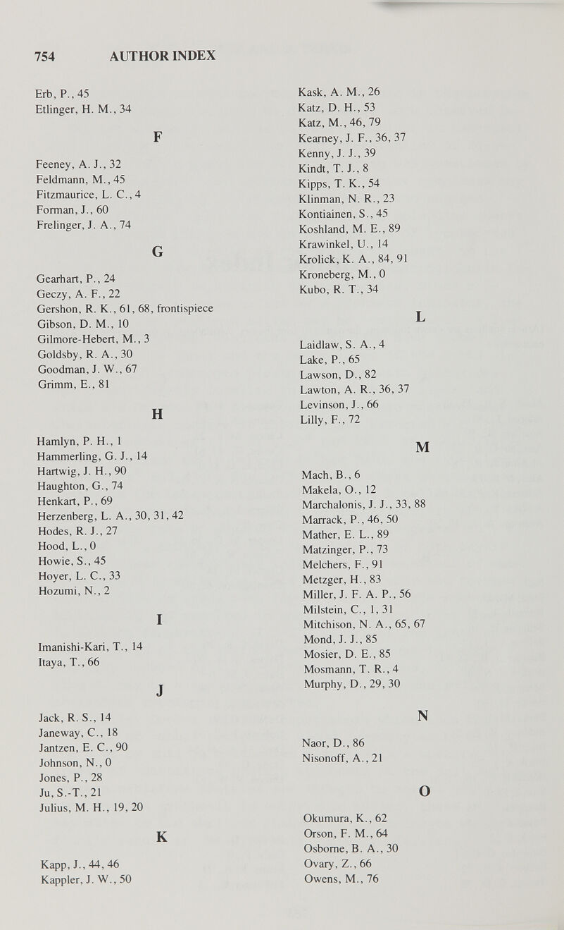 754 AUTHOR INDEX Erb, P., 45 Etlinger, H. M., 34 F Feeney, A. J., 32 Feldmann, M., 45 Fitzmaurice, L. С.,4 Forman, J., 60 Freiinger, J. A., 74 G Gearhart, P., 24 Geczy, A. F., 22 Gershon, R. K., 61, 68, frontispiece Gibson, D. M., 10 Gilmore-Hebert, M., 3 Goldsby, R. A., 30 Goodman, J. W., 67 Grimm, E., 81 H Hamlyn, P. H., 1 Hammerling, G. J., 14 Hartwig, J. H., 90 Haughton, G., 74 Henkart, P., 69 Herzenberg, L. A., 30, 31, 42 Hodes, R. J., 27 Hood, L.,0 Howie, S., 45 Hoyer, L. C., 33 Hozumi, N., 2 I Imanishi-Kari, T., 14 Itaya, T., 66 J Jack, R. S-, 14 Janeway, C., 18 Jantzen, E. C., 90 Johnson, N., 0 Jones, P., 28 Ju,S.-T., 21 Julius, M. H., 19, 20 К Kapp, J., 44, 46 Kappler, J. W., 50 Kask, A. M., 26 Katz, D. H., 53 Katz, M., 46, 79 Kearney, J. F., 36, 37 Kenny, J. J., 39 Kindt, T. J., 8 Kipps, T. K., 54 Klinman, N. R., 23 Kontiainen, S., 45 Koshland, M. E., 89 Krawinkel, U., 14 Krolick,K. A., 84, 91 Kroneberg, M., 0 Kubo, R. T., 34 L Laidlaw, S. A., 4 Lake, P., 65 Lawson, D., 82 Lawton, A. R., 36, 37 Levinson, J., 66 Lilly, F., 72 M Mach, В., 6 Makela, О., 12 Marchalonis, J. J., 33, 88 Marrack, P., 46, 50 Mather, E. L., 89 Matzinger, P., 73 Melchers, F., 91 Metzger, H., 83 Miller, J. F. A. P., 56 Milstein, C., 1,31 Mitchison, N. A., 65, 67 Mond, J. J., 85 Mosier, D. E., 85 Mosmann, T. R., 4 МифЬу, D., 29, 30 N Naor, D., 86 Nisonoff, A., 21 О Okumura, K., 62 Orson, F. M., 64 Osbome, B. A., 30 Ovary, Z., 66 Owens, M., 76