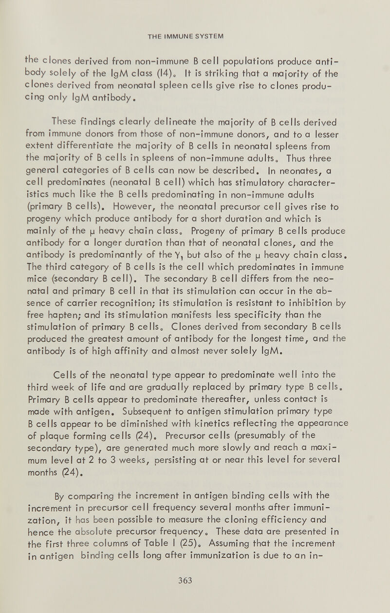 THE IMMUNE SYSTEM the clones derived from non-immune В ceil populations produce anti¬ body solely of the IgM class (l4)o It is striking that a majority of the clones derived from neonatal spleen cells give rise to clones produ¬ cing only IgM antibody, These findings clearly delineate the majority of В cells derived from immune donors from those of non-immune donors, and to a lesser extent differentiate the majority of В cells in neonatal spleens from the majority of В cells in spleens of non-immune adults« Thus three general categories of В cells can now be described. In neonates, a cell predominates (neonatal В cell) which has stimulatory character¬ istics much like the В cells predominating in non-immune adults (primary В cells). However, the neonatal precursor cell gives rise to progeny which produce antibody for a short duration and which is mainly of the p heavy chain class« Progeny of primary В cells produce antibody for a longer duration than that of neonatal clones, and the antibody is predominantly of the Y, but also of the p heavy chain class. The third category of В cells is the cell which predominates in immune mice (secondary В cell). The secondary В cell differs from the neo¬ natal and primary В cell in that its stimulation can occur in the ab¬ sence of carrier recognition; its stimulation is resistant to inhibition by free hapten; and its stimulation manifests less specificity than the stimulation of primary В cells« Clones derived from secondary В cells produced the greatest amount of antibody for the longest time, and the antibody is of high affinity and almost never solely IgM, Cells of the neonatal type appear to predominate well into the third week of life and are gradually replaced by primary type В cells. Primary В cells appear to predominate thereafter, unless contact is made with antigen. Subsequent to antigen stimulation primary type В cells appear to be diminished with kinetics reflecting the appearance of plaque forming cells ^4), Precursor cells (presumably of the secondary type), are generated much more slowly and reach a maxi¬ mum level at 2 to 3 weeks, persisting at or near this level for several months (24), By comparing the increment in antigen binding cells with the increment in precursor cell frequency several months after immuni¬ zation, it has been possible to measure the cloning efficiency and hence the absolute precursor frequency« These data are presented in the first three columns of Table I (25), Assuming that the increment in antigen binding cells long after immunization is due to an in- 363