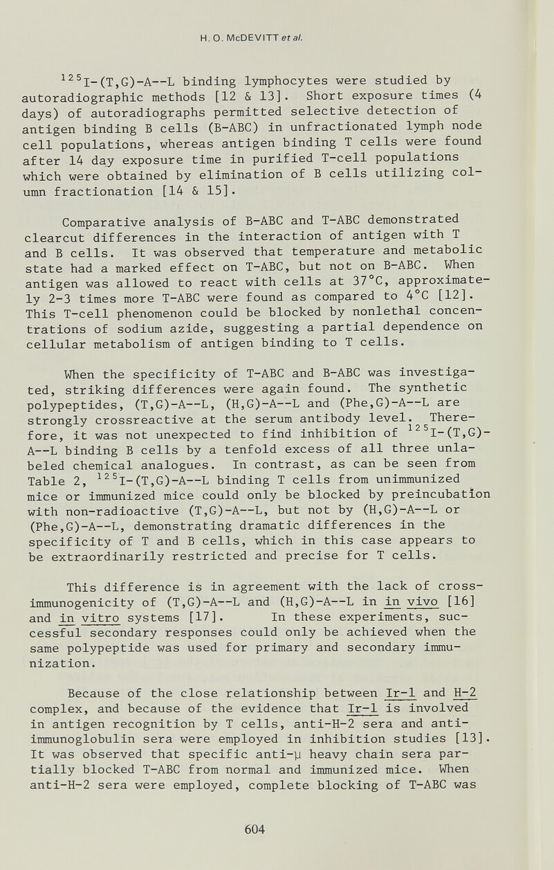 H. о. McDEVITTef а/. 12 5i_(t^G)-A—L binding lymphocytes were studied by autoradiographic methods [12 & 13]. Short exposure times (4 days) of autoradiographs permitted selective detection of antigen binding В cells (Б-АВС) in unfractionated lymph node cell populations, whereas antigen binding T cells were found after 14 day exposure time in purified T-cell populations which were obtained by elimination of В cells utilizing col¬ umn fractionation [14 & 15]. Comparative analysis of B-ABC and T-ABC demonstrated clearcut differences in the interaction of antigen with T and В cells. It was observed that temperature and metabolic state had a marked effect on T-ABC, but not on B-ABC. When antigen was allowed to react with cells at 37°C, approximate¬ ly 2-3 times more T-ABC were found as compared to 4°C [12]. This T-cell phenomenon could be blocked by nonlethal concen¬ trations of sodium azide, suggesting a partial dependence on cellular metabolism of antigen binding to T cells. When the specificity of T-ABC and B-ABC was investiga¬ ted, striking differences were again found. The synthetic polypeptides, (T,G)-A—L, (H,G)-A—L and (Phe,G)-A—L are strongly crossreactive at the serum antibody level. There¬ fore, it was not unexpected to find inhibition of ^^^I-(T,G)- A—L binding В cells by a tenfold excess of all three unla¬ beled chemical analogues. In contrast, as can be seen from Table 2, ^^^I-(T,G)-A—L binding T cells from unimmunized mice or immunized mice could only be blocked by preincubation with non-radioactive (T,G)-A—L, but not by (H,G)-A—L or (Phe,G)-A—L, demonstrating dramatic differences in the specificity of T and В cells, which in this case appears to be extraordinarily restricted and precise for T cells. This difference is in agreement with the lack of cross- Immunogenicity of (T,G)-A—L and (H,G)-A—L in ^ vivo [16] and in vitro systems [17]. In these experiments, suc¬ cessful secondary responses could only be achieved when the same polypeptide was used for primary and secondary immu¬ nization . Because of the close relationship between Ir-1 and H-2 complex, and because of the evidence that Ir-1 is involved in antigen recognition by T cells, anti-H-2 sera and anti¬ immunoglobulin sera were employed in inhibition studies [13]. It was observed that specific anti-y heavy chain sera par¬ tially blocked T-ABC from normal and immunized mice. When antl-H-2 sera were employed, complete blocking of T-ABC was 604