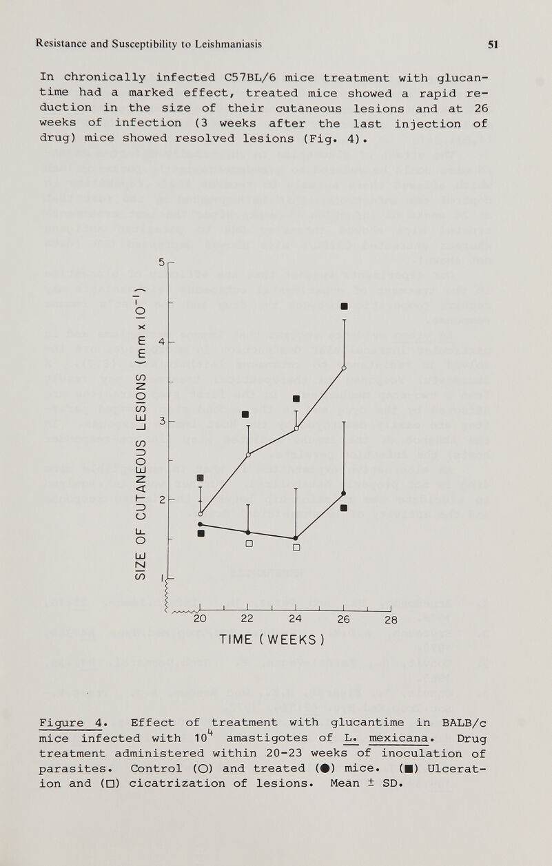 Resistance and Susceptibility to Leishmaniasis 51 In chronically infected C57BL/6 mice treatment with glucan- time had a marked effect, treated mice showed a rapid re¬ duction in the size of their cutaneous lesions and at 26 weeks of infection (3 weeks after the last injection of drug) mice showed resolved lesions (Fig. 4). _L 20 22 24 26 TIME ( WEEKS ) 28 Figure 4. Effect of treatment with glucantime in BALB/c mice infected with 10*^ amastigotes of ^ mexicana. Drug treatment administered within 20-23 weeks of inoculation of parasites. Control (O) and treated (•) mice. (■) Ulcerat¬ ion and (□) cicatrization of lesions. Mean ± SD.