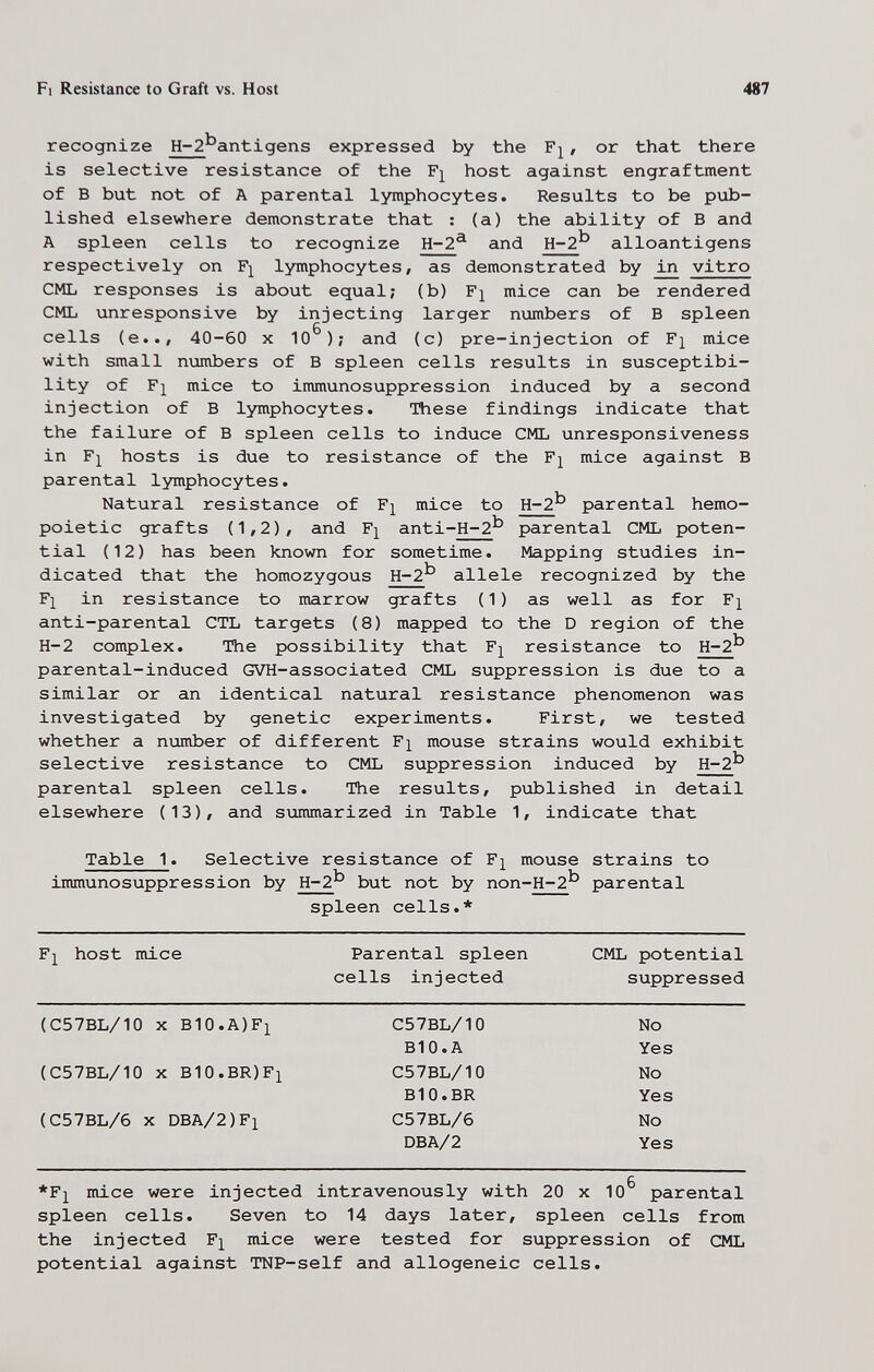 Fl Resistance to Graft vs. Host 487 recognize H-2^antigens expressed by the , or that there is selective resistance of the host against engraftment of В but not of A parental lymphocytes. Results to be pub¬ lished elsewhere demonstrate that : (a) the ability of В and A spleen cells to recognize H-2^ and H-2^ alloantigens respectively on Fj^ lymphocytes, as demonstrated by лл vitro CML responses is about equal; (b) F^ mice can be rendered CML unresponsive by injecting larger numbers of В spleen cells (e.., 40-60 x 10^); and (c) pre-injection of Fj^ mice with small numbers of В spleen cells results in susceptibi¬ lity of F]^ mice to immunosuppression induced by a second injection of В lymphocytes. These findings indicate that the failure of В spleen cells to induce CML unresponsiveness in F]^ hosts is due to resistance of the F]^ mice against В parental lymphocytes. Natural resistance of F]^ mice to H-2^ parental hemo¬ poietic grafts (1,2)/ and Fj^ anti-H-2^ parental CML poten¬ tial (12) has been known for sometime. Mapping studies in¬ dicated that the homozygous H-2^ allele recognized by the F]^ in resistance to marrow grafts (1) as well as for F^ anti-parental CTL targets (8) mapped to the D region of the H-2 complex. The possibility that F]^ resistance to H-2^ parental-induced GVH-associated CML suppression is due to a similar or an identical natural resistance phenomenon was investigated by genetic experiments. First, we tested whether a number of different F^ mouse strains would exhibit selective resistance to CML suppression induced by H-2^ parental spleen cells. The results, published in detail elsewhere (13), and summarized in Table 1, indicate that Table 1. Selective resistance of Fj^ mouse strains to immunosuppression by H-2^ but not by non-H-2^ parental spleen cells.* *F]^ mice were injected intravenously with 20 x 10^ parental spleen cells. Seven to 14 days later, spleen cells from the injected F^ mice were tested for suppression of CML potential against TNP-self and allogeneic cells.