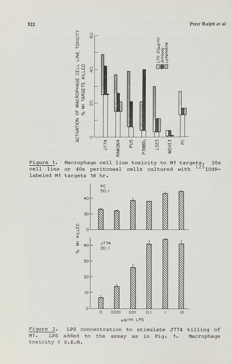522 Peter Ralph et al. о X о о J ш ^ ií= ? ÜJ о ^ и U- о i I— о < Figure 1. Macrophage cell line toxicity to Ml targets. 20x cell line or 40x peritoneal cells cultured with ^^^lUdR- labeled M1 targets 18 hr. 40 20 PC 50;1 1 40 30 20 10 J774 20:1 0.001 0.01 0.1 ^g/ml LPS ! 10 Figure 2. LPS concentration to stimulate J774 killing of Ml. LPS added to the assay as in Fig. 1. Macrophage toxicity ± S.E.M.