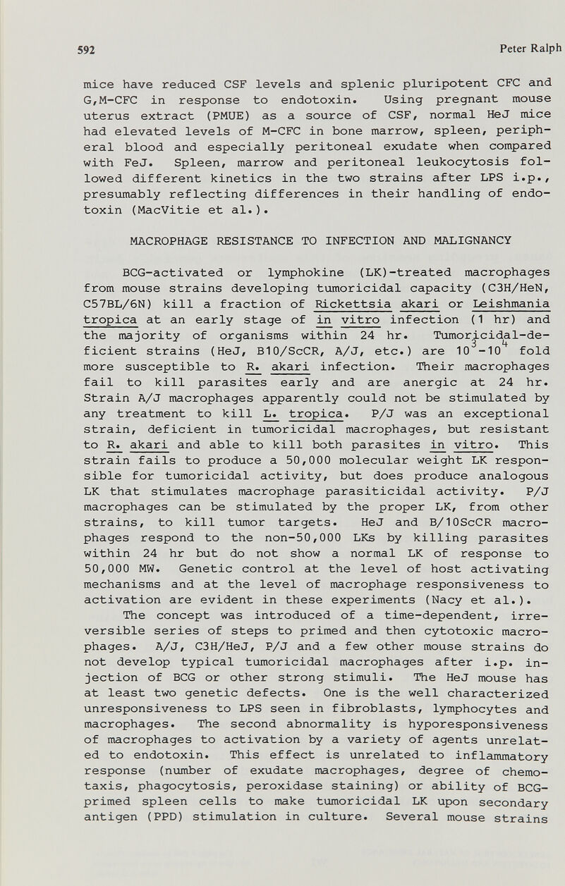 592 Peter Ralph mice have reduced CSF levels and splenic pluripotent CFC and G,M-CFC in response to endotoxin. Using pregnant mouse uterus extract (PMUE) as a source of CSF, normal He J mice had elevated levels of M-CFC in bone marrow, spleen, periph¬ eral blood and especially peritoneal exudate when compared with FeJ. Spleen, marrow and peritoneal leukocytosis fol¬ lowed different kinetics in the two strains after LPS i.p., presumably reflecting differences in their handling of endo¬ toxin (MacVitie et al.). MACROPHAGE RESISTANCE TO INFECTION AND MALIGNANCY BCG-activated or lymphokine (LK)-treated macrophages from mouse strains developing tumoricidal capacity (C3H/HeN, C57BL/6N) kill a fraction of Fdckettsia akari or Leishmania tropica at an early stage of in vitro infection (1 hr) and the majority of organisms within 24 hr. Tumoricidal-de- ficient strains (HeJ, BlO/ScCR, A/J, etc.) are 10 -10 fold more susceptible to R. akari infection. Their macrophages fail to kill parasites early and are anergic at 24 hr. Strain A/J macrophages apparently could not be stimulated by any treatment to kill L. tropica. P/J was an exceptional strain, deficient in tumoricidal macrophages, but resistant to R. akari and able to kill both parasites vitro. This strain fails to produce a 50,000 molecular weight LK respon¬ sible for tumoricidal activity, but does produce analogous LK that stimulates macrophage parasiticidal activity. P/J macrophages can be stimulated by the proper LK, from other strains, to kill tumor targets. HeJ and B/10ScCR macro¬ phages respond to the non-50,000 LKs by killing parasites within 24 hr but do not show a normal LK of response to 50,000 MW. Genetic control at the level of host activating mechanisms and at the level of macrophage responsiveness to activation are evident in these experiments (Nacy et al.). The concept was introduced of a time-dependent, irre¬ versible series of steps to primed and then cytotoxic macro¬ phages. A/J, C3H/HeJ, P/J and a few other mouse strains do not develop typical tumoricidal macrophages after i.p. in¬ jection of BCG or other strong stimuli. The HeJ mouse has at least two genetic defects. One is the well characterized unresponsiveness to LPS seen in fibroblasts, lymphocytes and macrophages. The second abnormality is hyporesponsiveness of macrophages to activation by a variety of agents unrelat¬ ed to endotoxin. This effect is unrelated to inflammatory response (number of exudate macrophages, degree of Chemo¬ taxis, phagocytosis, peroxidase staining) or ability of BCG- primed spleen cells to make tumoricidal LK upon secondary antigen (PPD) stimulation in culture. Several mouse strains