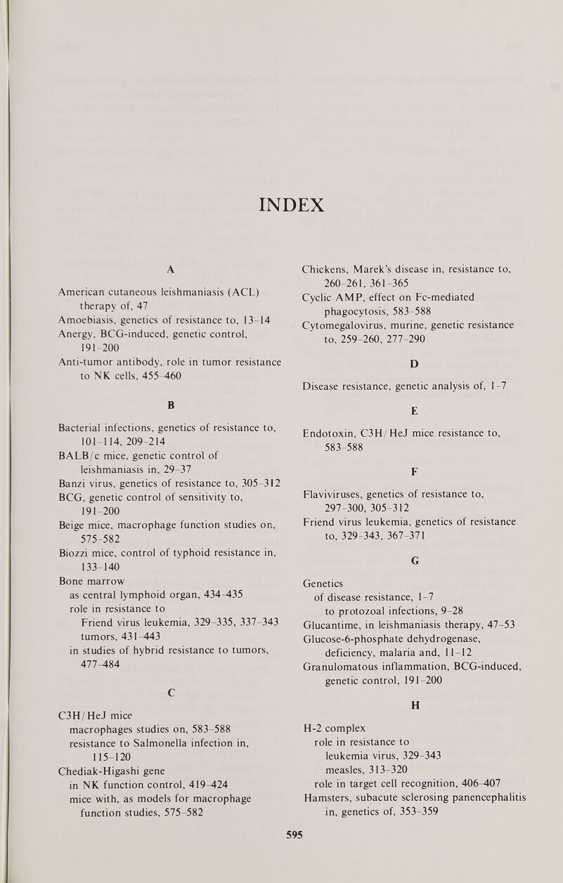 INDEX A American cutaneous leishmaniasis (ACL) therapy of, 47 Amoebiasis, genetics of resistance to, 13-14 Anergy, BCG-induced, genetic control, 191-200 Anti-tumor antibody, role in tumor resistance to NK cells, 455-460 В Bacterial infections, genetics of resistance to, 101-114, 209-214 BALB/c mice, genetic control of leishmaniasis in, 29-37 Banzi virus, genetics of resistance to, 305-312 BCG, genetic control of sensitivity to, 191-200 Beige mice, macrophage function studies on, 575-582 Biozzi mice, control of typhoid resistance in, 133-140 Bone marrow as central lymphoid organ, 434-435 role in resistance to Friend virus leukemia, 329-335, 337-343 tumors, 431-443 in studies of hybrid resistance to tumors, 477^84 С C3H/HeJ mice macrophages studies on, 583-588 resistance to Salmonella infection in, 115-120 Chediak-Higashi gene in NK function control, 419-424 mice with, as models for macrophage function studies, 575-582 Chickens, Marek's disease in, resistance to, 260-261, 361-365 Cyclic AMP, effect on Fc-mediated phagocytosis, 583-588 Cytomegalovirus, murine, genetic resistance to, 259-260, 277-290 D Disease resistance, genetic analysis of, 1-7 E Endotoxin, C3H/HeJ mice resistance to, 583-588 F Flaviviruses, genetics of resistance to, 297-300, 305-312 Friend virus leukemia, genetics of resistance to, 329-343, 367-371 G Genetics of disease resistance, 1-7 to protozoal infections, 9-28 Glucantime, in leishmaniasis therapy, 47-53 Glucose-6-phosphate dehydrogenase, deficiency, malaria and, 11-12 Granulomatous inflammation, BCG-induced, genetic control, 191-200 H H-2 complex role in resistance to leukemia virus, 329-343 measles, 313-320 role in target cell recognition, 406-407 Hamsters, subacute sclerosing panencephalitis in, genetics of, 353-359 595