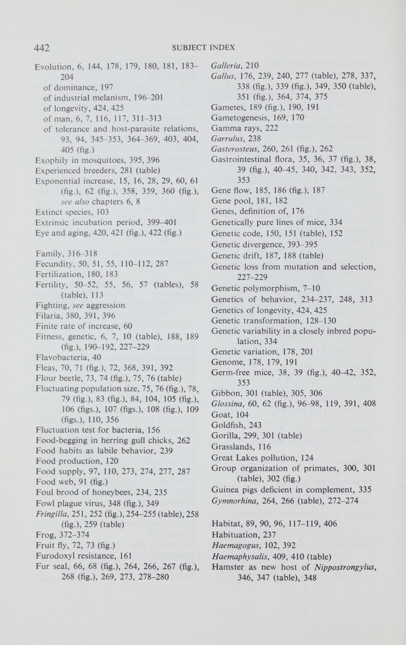 Evolution, 6, 144, 178, 179, 180, 181, 183- 204 of dominance, 197 of industrial melanism, 196-201 of longevity, 424, 425 of man, 6, 7, 116, 117, 311-313 of tolerance and host-parasite relations, 93, 94, 345-353, 364-369, 403, 404, 405 (fig.) Exophily in mosquitoes, 395, 396 Experienced breeders, 281 (table) Exponential increase, 15, 16, 28, 29, 60, 61 (fig.), 62 (fig.), 358, 359, 360 (fig.), see also chapters 6, 8 Extinct species, 103 Extrinsic incubation period, 399-401 Eye and aging, 420, 421 (fig.), 422 (fig.) Family, 316-318 Fecundity, 50, 51, 55, 110-112, 287 Fertilization, 180, 183 Fertility, 50-52, 55, 56, 57 (tables), 58 (table), 113 Fighting, see aggression Filaria, 380, 391, 396 Finite rate of increase, 60 Fitness, genetic, 6, 7, 10 (table), 188, 189 (fig.), 190-192, 227-229 Flavobacteria, 40 Fleas, 70, 71 (fig.), 72, 368, 391, 392 Flour beetle, 73, 74 (fig.), 75, 76 (table) Fluctuating population size, 75, 76 (fig.), 78, 79 (fig.), 83 (fig.), 84, 104, 105 (fig.), 106 (figs.), 107 (figs.), 108 (fig.), 109 (figs.), 110, 356 Fluctuation test for bacteria, 156 Food-begging in herring gull chicks, 262 Food habits as labile behavior, 239 Food production, 120 Food supply, 97, 110, 273, 274, 277, 287 Food web, 91 (fig.) Foul brood of honeybees, 234, 235 Fowl plague virus, 348 (fig.), 349 Fringilla, 251, 252 (fig.), 254-255 (table), 258 (fig.), 259 (table) Frog, 372-374 Fruit fly, 72, 73 (fig.) Furodoxyl resistance, 161 Fur seal, 66, 68 (fig.), 264, 266, 267 (fig.), 268 (fig.), 269, 273, 278-280 Galleria , 210 Gallus, 176, 239, 240, 277 (table), 278, 337, 338 (fig.), 339 (fig.), 349, 350 (table), 351 (fig.), 364, 374, 375 Gametes, 189 (fig.), 190, 191 Gametogenesis, 169, 170 Gamma rays, 222 Garrulus , 238 Gasterosteus , 260, 261 (fig.), 262 Gastrointestinal flora, 35, 36, 37 (fig.), 38, 39 (fig.), 40-45, 340, 342, 343, 352, 353 Gene flow, 185, 186 (fig.), 187 Gene pool, 181, 182 Genes, definition of, 176 Genetically pure lines of mice, 334 Genetic code, 150, 151 (table), 152 Genetic divergence, 393-395 Genetic drift, 187, 188 (table) Genetic loss from mutation and selection, 227-229 Genetic polymorphism, 7-10 Genetics of behavior, 234-237, 248, 313 Genetics of longevity, 424, 425 Genetic transformation, 128-130 Genetic variability in a closely inbred popu lation, 334 Genetic variation, 178, 201 Genome, 178, 179, 191 Germ-free mice, 38, 39 (fig.), 40-42, 352, 353 Gibbon, 301 (table), 305, 306 G/ossina, 60, 62 (fig.), 96-98, 119, 391, 408 Goat, 104 Goldfish, 243 Gorilla, 299, 301 (table) Grasslands, 116 Great Lakes pollution, 124 Group organization of primates, 300, 301 (table), 302 (fig.) Guinea pigs deficient in complement, 335 Gymnorhina, 264, 266 (table), 272-274 Habitat, 89, 90, 96, 117-119, 406 Habituation, 237 Haemagogus, 102, 392 Haemaphysalis, 409, 410 (table) Hamster as new host of Nippostrongylus, 346, 347 (table), 348