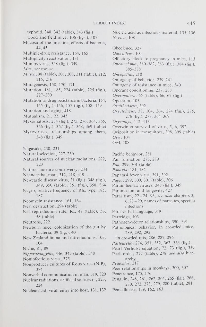 typhoid, 340, 342 (table), 343 (fig.) wood and field mice, 106 (figs.), 107 Mucosa of the intestine, effects of bacteria, 44, 45 Multiple-drug resistance, 164, 165 Multiplicity reactivation, 131 Mumps virus, 348 (fig.), 349 Mi/s, see mouse Mi/sca, 98 (table), 207, 208, 211 (table), 212, 215, 216 Mutagenesis, 158, 170, 171 Mutation, 181, 185, 224 (table), 225 (fig.), 227-230 Mutation to drug resistance in bacteria, 154, 155 (fig.), 156, 157 (fig.), 158, 159 Mutation and aging, 418 Mutualism, 21, 22, 345 Myxomatosis, 274 (fig.), 275, 276, 364, 365, 366 (fig.), 367 (fig.), 368, 369 (table) Myxoviruses, relationships among them, 348 (fig.), 349 Nagasaki, 230, 231 Natural selection, 227-230 Natural sources of nuclear radiations, 222, 223 Nature, nurture controversy, 234 Neanderthal man, 312, 418, 419 Newcastle disease virus, 31 (fig.), 348 (fig.), 349, 350 (table), 351 (fig.), 358, 364 Negro, relative frequency of Rh 0 type, 185, 187 Neomycin resistance, 161, 164 Nest destruction, 294 (table) Net reproduction rate, R 0 , 47 (table), 56, 58 (table) Neutrons, 222 Newborn mice, colonization of the gut by bacteria, 39 (fig.), 40 New Zealand fauna and introductions, 103, 104 Niche, 81, 89 Nippostrongy/ns, 346, 347 (table), 348 Noninfectious virus, 375 Nonproducer cultures of Rous virus (N-P), 374 Nonverbal communication in man, 319, 320 Nuclear radiations, artificial sources of, 223, 224 Nucleic acid, viral, entry into host, 131, 132 Nucleic acid as infectious material, 135, 136 Nyctea, 108 Obedience, 327 Odocoilei/s, 104 Olfactory block to pregnancy in mice, 113 Oneomelania, 380-382, 383 (fig.), 384 (fig.), 385-388 Oncopeltus, 210 Ontogeny of behavior, 239-241 Ontogeny of resistance in mice, 340 Operant conditioning, 237, 238 Operophtera, 65 (table), 66, 67 (fig.) Opossum, 103 Ornithodori/s, 392 Oryetolagus, 38, 104, 264, 274 (fig.), 275, 276 (fig.), 277, 364-369 Oryzomys, 112, 113 Overwinter survival of virus, 5, 6, 392 Oviposition in mosquitoes, 398, 399 (table) Ovis, 104 Owl, 108 Pacific behavior, 281 Pair formation, 278, 279 Pan, 299, 301 (table) Panaxia, 181, 182 Papatasi fever virus, 391, 392 Papio, 299, 300, 301 (table), 306 Parainfluenza viruses, 348 (fig.), 349 Paramecium and longevity, 427 Parasitism, 22-24, 93, see also chapters 3, 6,23 - 29, names of parasites, specific infections Para-verbal language, 319 Partridge, 103 Pathogen-vector relationships, 390, 391 Pathological behavior, in crowded mice, 289, 292, 295 in crowded rats, 286, 287, 296 Pasteurella, 21 A, 351, 352, 362, 363 (fig.) Pearl-Verhulst equation, 72, 73 (fig.), 359 Peck order, 277 (table), 278, see also hier archy Pediculi/s, 217 Peer relationships in monkeys, 300, 307 Penetrance, 175, 176 Penguin, 248, 261, 262, 264, 265 (fig.), 266, 270, 272, 273, 279, 280 (table), 281 Penicillinase, 159, 162, 163