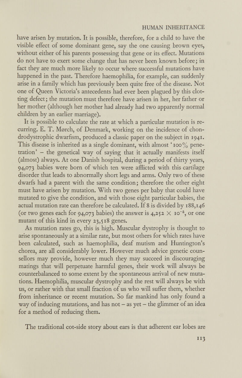 HUMAN INHERITANCE have arisen by mutation. It is possible, therefore, for a child to have the visible effect of some dominant gene, say the one causing brown eyes, without either of his parents possessing that gene or its effect. Mutations do not have to exert some change that has never been known before ; in fact they are much more likely to occur where successful mutations have happened in the past. Therefore haemophilia, for example, can suddenly arise in a family which has previously been quite free of the disease. Not one of Queen Victoria's antecedents had ever been plagued by this clot¬ ting defect ; the mutation must therefore have arisen in her, her father or her mother (although her mother had already had two apparently normal children by an earlier marriage). It is possible to calculate the rate at which a particular mutation is re¬ curring. E. T. Morch, of Denmark, working on the incidence of chon- drodystrophic dwarfism, produced a classic paper on the subject in 1941. This disease is inherited as a single dominant, with almost '100% pene¬ tration' - the genetical way of saying that it actually manifests itself (almost) always. At one Danish hospital, during a period of thirty years, 94,073 babies were born of which ten were afflicted with this cartilage disorder that leads to abnormally short legs and arms. Only two of these dwarfs had a parent with the same condition; therefore the other eight must have arisen by mutation. With two genes per baby that could have mutated to give the condition, and with those eight particular babies, the actual mutation rate can therefore be calculated. If 8 is divided by 188,146 (or two genes each for 94,073 babies) the answer is 4,252 X io~®, or one mutant of this kind in every 23,518 genes. As mutation rates go, this is high. Muscular dystrophy is thought to arise spontaneously at a similar rate, but most others for which rates have been calculated, such as haemophilia, deaf mutism and Huntington's chorea, are all considerably lower. However much advice genetic coun¬ sellors may provide, however much they may succeed in discouraging matings that will perpetuate harmful genes, their work will always be counterbalanced to some extent by the spontaneous arrival of new muta¬ tions. Haemophilia, muscular dystrophy and the rest will always be with us, or rather with that small fraction of us who will suffer them, whether from inheritance or recent mutation. So far mankind has only found a way of inducing mutations, and has not - as yet - the glimmer of an idea for a method of reducing them. The traditional cot-side story about ears is that adherent ear lobes are 113