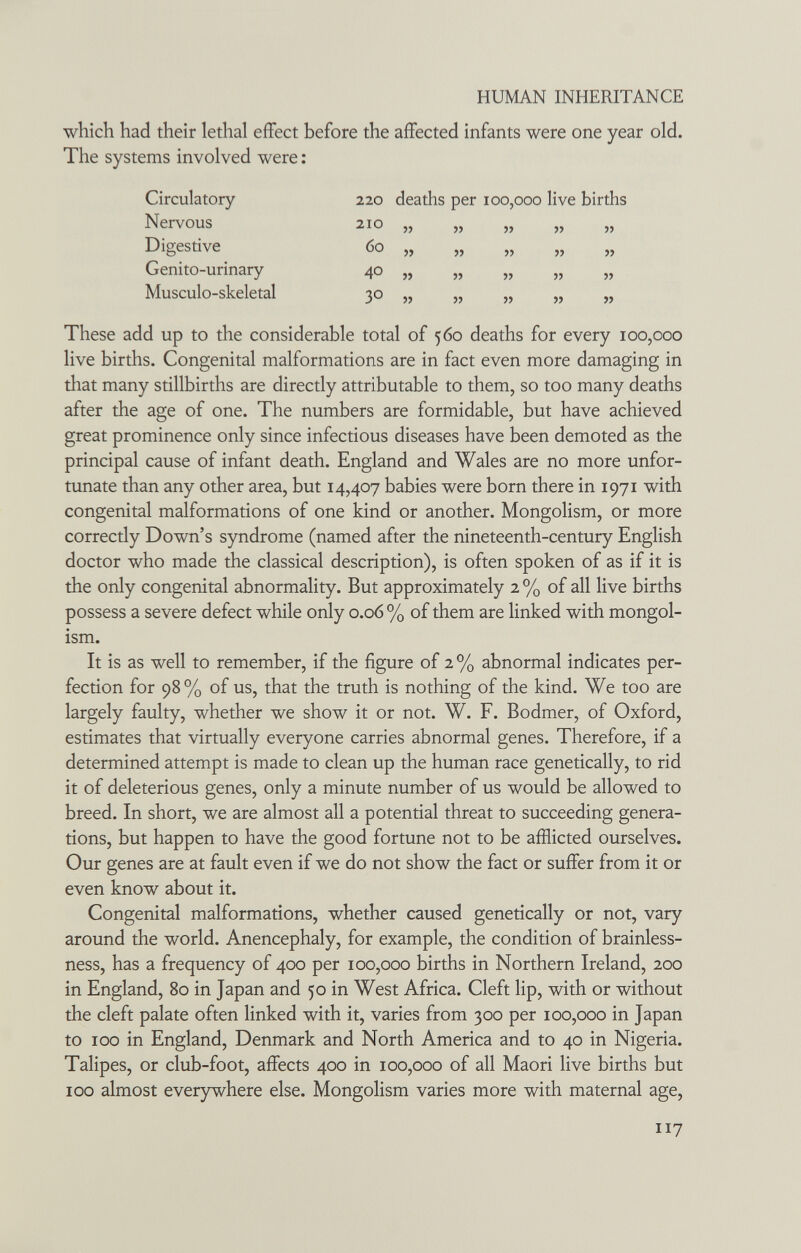 HUMAN INHERITANCE which had their lethal effect before the affected infants were one year old. The systems involved were : Circulatory 220 deaths per 100,000 live births Nervous 210 Digestive 60 „ Genito-urinary 40 „ Musculo-skeletal 30 „ ?? » 5? ?? ?? » ?? These add up to the considerable total of 560 deaths for every 100,000 live births. Congenital malformations are in fact even more damaging in that many stillbirths are directly attributable to them, so too many deaths after the age of one. The numbers are formidable, but have achieved great prominence only since infectious diseases have been demoted as the principal cause of infant death. England and Wales are no more unfor¬ tunate than any other area, but 14,407 babies were born there in 1971 with congenital malformations of one kind or another. Mongolism, or more correctly Down's syndrome (named after the nineteenth-century English doctor who made the classical description), is often spoken of as if it is the only congenital abnormality. But approximately 2 % of all live births possess a severe defect while only 0.06 % of them are linked with mongol¬ ism. It is as well to remember, if the figure of 2 % abnormal indicates per¬ fection for 98% of us, that the truth is nothing of the kind. We too are largely faulty, whether we show it or not. W. F. Bodmer, of Oxford, estimates that virtually everyone carries abnormal genes. Therefore, if a determined attempt is made to clean up the human race genetically, to rid it of deleterious genes, only a minute number of us would be allowed to breed. In short, we are almost all a potential threat to succeeding genera¬ tions, but happen to have the good fortune not to be afHicted ourselves. Our genes are at fault even if we do not show the fact or suffer from it or even know about it. Congenital malformations, whether caused genetically or not, vary around the world. Anencephaly, for example, the condition of brainless- ness, has a frequency of 400 per 100,000 births in Northern Ireland, 200 in England, 80 in Japan and 50 in West Africa. Cleft lip, with or without the cleft palate often linked with it, varies from 300 per 100,000 in Japan to 100 in England, Denmark and North America and to 40 in Nigeria. Talipes, or club-foot, affects 400 in 100,000 of all Maori live births but 100 almost everywhere else. Mongolism varies more with maternal age, 117