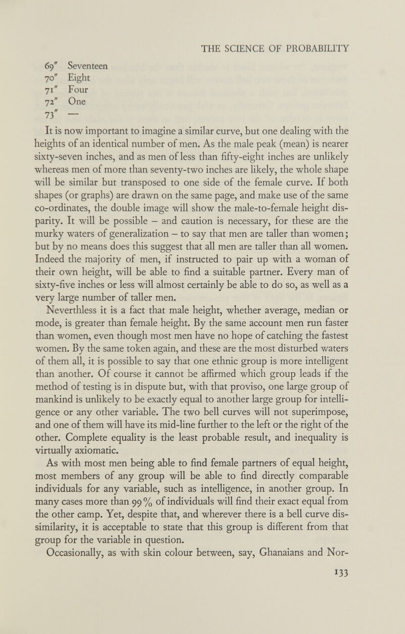 THE SCIENCE OF PROBABILITY 69 Seventeen 70 Eight 71 Four 72 One 73 — It is now important to imagine a similar curve, but one dealing with the heights of an identical number of men. As the male peak (mean) is nearer sixty-seven inches, and as men of less than fifty-eight inches are unlikely whereas men of more than seventy-two inches are likely, the whole shape will be similar but transposed to one side of the female curve. If both shapes (or graphs) are drawn on the same page, and make use of the same co-ordinates, the double image will show the male-to-female height dis¬ parity. It will be possible - and caution is necessary, for these are the murky waters of generalization - to say that men are taller than women ; but by no means does this suggest that all men are taller than all women. Indeed the majority of men, if instructed to pair up with a woman of their own height, will be able to find a suitable partner. Every man of sixty-five inches or less will almost certainly be able to do so, as well as a very large number of taller men. Neverthless it is a fact that male height, whether average, median or mode, is greater than female height. By the same account men run faster than women, even though most men have no hope of catching the fastest women. By the same token again, and these are the most disturbed waters of them all, it is possible to say that one ethnic group is more intelligent than another. Of course it cannot be affirmed which group leads if the method of testing is in dispute but, with that proviso, one large group of mankind is unlikely to be exactly equal to another large group for intelli¬ gence or any other variable. The two bell curves will not superimpose, and one of them will have its mid-line further to the left or the right of the other. Complete equality is the least probable result, and inequality is virtually axiomatic. As with most men being able to find female partners of equal height, most members of any group will be able to find directly comparable individuals for any variable, such as intelligence, in another group. In many cases more than 99 % of individuals will find their exact equal from the other camp. Yet, despite that, and wherever there is a bell curve dis¬ similarity, it is acceptable to state that this group is different from that group for the variable in question. Occasionally, as with skin colour between, say, Ghanaians and Nor- 133