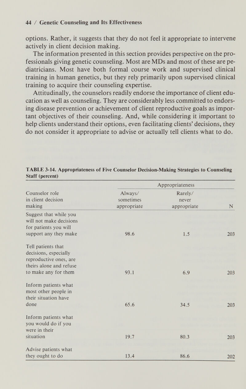 44 / Genetic Counseling and Its Effectiveness options. Rather, it suggests that they do not feel it appropriate to intervene actively in client decision making. The information presented in this section provides perspective on the pro¬ fessionals giving genetic counseling. Most are MDs and most of these are pe¬ diatricians. Most have both formal course work and supervised clinical training in human genetics, but they rely primarily upon supervised clinical training to acquire their counseling expertise. Attitudinally, the counselors readily endorse the importance of client edu¬ cation as well as counseling. They are considerably less committed to endors¬ ing disease prevention or achievement of client reproductive goals as impor¬ tant objectives of their counseling. And, while considering it important to help clients understand their options, even facilitating clients' decisions, they do not consider it appropriate to advise or actually tell clients what to do. TABLE 3-14. Appropriateness of Five Counselor Decision-Making Strategies to Counseling Staff (percent) Counselor role in client decision making Appropriateness Always/ sometimes appropriate Rarely/ never appropriate N Suggest that while you will not make decisions for patients you will support any they make 98.6 1.5 203 Tell patients that decisions, especially reproductive ones, are theirs alone and refuse to make any for them Inform patients what most other people in their situation have done 93.1 65.6 6.9 34.5 203 203 Inform patients what you would do if you were in their situation Advise patients what they ought to do 19.7 13.4 80.3 86.6 203 202