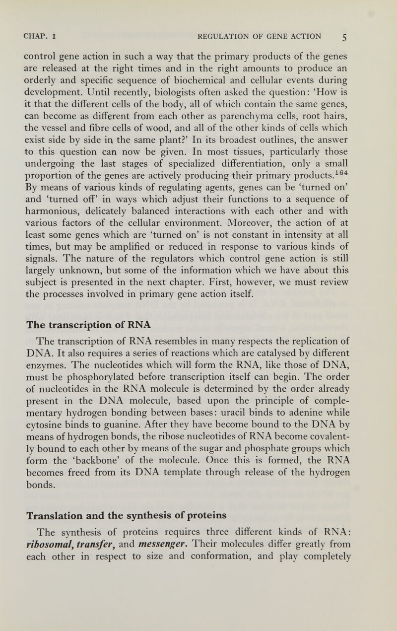 CHAP. I REGULATION OF GENE ACTION 5 control gene action in such a way that the primary products of the genes are released at the right times and in the right amounts to produce an orderly and specific sequence of biochemical and cellular events during development. Until recently, biologists often asked the question: 'How is it that the different cells of the body, all of which contain the same genes, can become as different from each other as parenchyma cells, root hairs, the vessel and fibre cells of wood, and all of the other kinds of cells which exist side by side in the same plant?' In its broadest outlines, the answer to this question can now be given. In most tissues, particularly those undergoing the last stages of specialized differentiation, only a small proportion of the genes are actively producing their primary products. By means of various kinds of regulating agents, genes can be 'turned on' and 'turned off' in ways which adjust their functions to a sequence of harmonious, delicately balanced interactions with each other and with various factors of the cellular environment. Moreover, the action of at least some genes which are 'turned on' is not constant in intensity at all times, but may be amplified or reduced in response to various kinds of signals. The nature of the regulators which control gene action is still largely unknown, but some of the information which we have about this subject is presented in the next chapter. First, however, we must review the processes involved in primary gene action itself. The transcription of RNA The transcription of RNA resembles in many respects the replication of DNA. It also requires a series of reactions which are catalysed by different enzymes. The nucleotides which will form the RNA, like those of DNA, must be phosphorylated before transcription itself can begin. The order of nucleotides in the RNA molecule is determined by the order already present in the DNA molecule, based upon the principle of comple¬ mentary hydrogen bonding between bases: uracil binds to adenine while cytosine binds to guanine. After they have become bound to the DNA by means of hydrogen bonds, the ribose nucleotides of RNA become covalent- ly bound to each other by means of the sugar and phosphate groups which form the 'backbone' of the molecule. Once this is formed, the RNA becomes freed from its DNA template through release of the hydrogen bonds. Translation and the synthesis of proteins The synthesis of proteins requires three different kinds of RNA: ribosomal, transfer^ and messenger. Their molecules differ greatly from each other in respect to size and conformation, and play completely