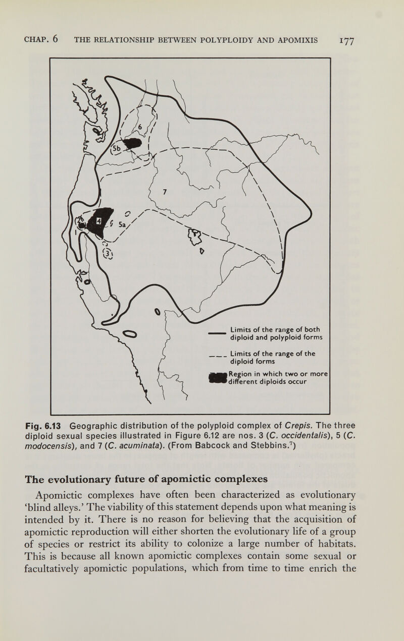 CHAP. 6 THE RELATIONSHIP BETWEEN POLYPLOIDY AND APOMIXIS 177 Fig. 6.13 Geographic distribution of the polyploid complex of Crepis. The three diploid sexual species illustrated in Figure 6.12 are nos. 3 (С, occidentalis), 5 (С. modocensis), and 7 (C. acuminata). (From Babcock and Stebbins.'') The evolutionary future of apomictic complexes Apomictic complexes have often been characterized as evolutionary 'blind alleys.' The viability of this statement depends upon what meaning is intended by it. There is no reason for believing that the acquisition of apomictic reproduction will either shorten the evolutionary life of a group of species or restrict its ability to colonize a large number of habitats. This is because all known apomictic complexes contain some sexual or facultatively apomictic populations, which from time to time enrich the