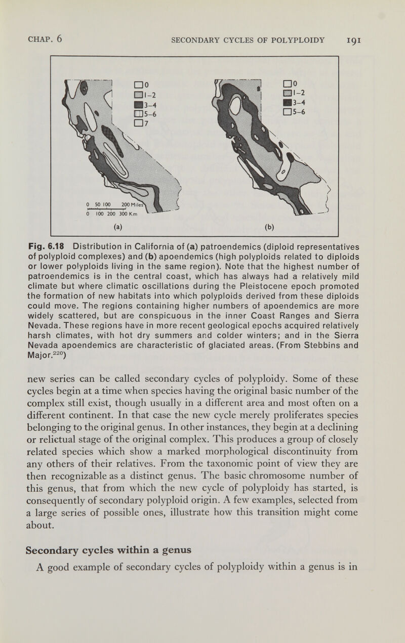 CHAP. 6 SECONDARY CYCLES OF POLYPLOIDY I91 Fig. 6.18 Distribution in California of (a) patroendemics (diploid representatives of polyploid complexes) and (b) apoendemics (high polyploids related to diploids or lower polyploids living in the same region). Note that the highest number of patroendemics is in the central coast, which has always had a relatively mild climate but where climatic oscillations during the Pleistocene epoch promoted the formation of new habitats into which polyploids derived from these diploids could move. The regions containing higher numbers of apoendemics are more widely scattered, but are conspicuous in the inner Coast Ranges and Sierra Nevada. These regions have in more recent geological epochs acquired relatively harsh climates, with hot dry summers and colder winters; and in the Sierra Nevada apoendemics are characteristic of glaciated areas. (From Stebbins and Major.220) new series can be called secondary cycles of polyploidy. Some of these cycles begin at a time when species having the original basic number of the complex still exist, though usually in a different area and most often on a different continent. In that case the new cycle merely proliferates species belonging to the original genus. In other instances, they begin at a declining or relictual stage of the original complex. This produces a group of closely related species which show a marked morphological discontinuity from any others of their relatives. From the taxonomic point of view they are then recognizable as a distinct genus. The basic chromosome number of this genus, that from which the new cycle of polyploidy has started, is consequently of secondary polyploid origin. A few examples, selected from a large series of possible ones, illustrate how this transition might come about. Secondary cycles within a genus A good example of secondary cycles of polyploidy within a genus is in