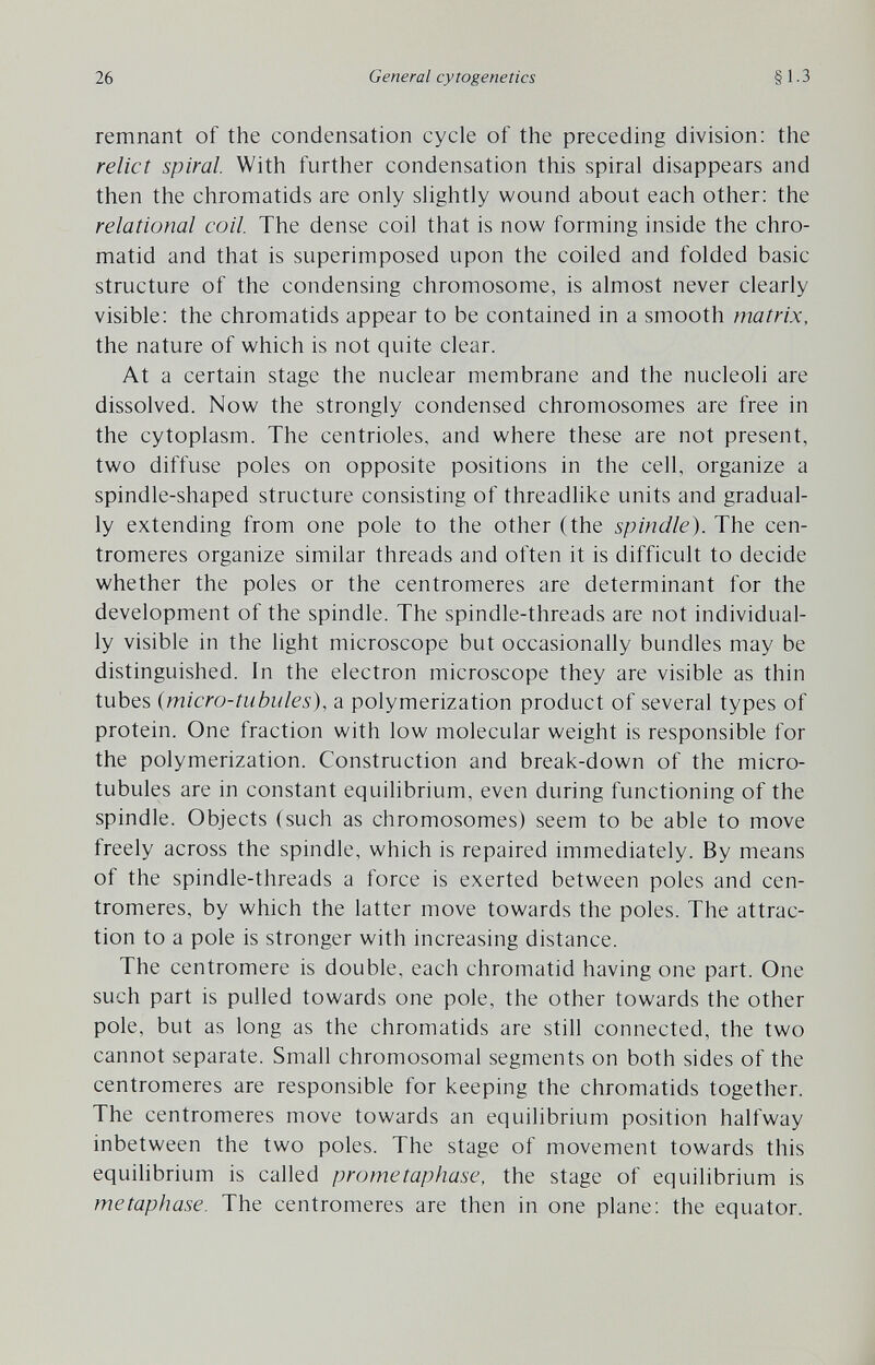 26 General cytogenetics §1.3 remnant of the condensation cycle of the preceding division: the relict spiral. With further condensation this spiral disappears and then the chromatids are only slightly wound about each other: the relational coil. The dense coil that is now forming inside the chro¬ matid and that is superimposed upon the coiled and folded basic structure of the condensing chromosome, is almost never clearly visible: the chromatids appear to be contained in a smooth matrix, the nature of which is not quite clear. At a certain stage the nuclear membrane and the nucleoli are dissolved. Now the strongly condensed chromosomes are free in the cytoplasm. The centrioles, and where these are not present, two diffuse poles on opposite positions in the cell, organize a spindle-shaped structure consisting of threadlike units and gradual¬ ly extending from one pole to the other (the spindle). The cen¬ tromeres organize similar threads and often it is difficult to decide whether the poles or the centromeres are determinant for the development of the spindle. The spindle-threads are not individual¬ ly visible in the light microscope but occasionally bundles may be distinguished. In the electron microscope they are visible as thin tubes {micro-tubules), a polymerization product of several types of protein. One fraction with low molecular weight is responsible for the polymerization. Construction and break-down of the micro¬ tubules are in constant equilibrium, even during functioning of the spindle. Objects (such as chromosomes) seem to be able to move freely across the spindle, which is repaired immediately. By means of the spindle-threads a force is exerted between poles and cen¬ tromeres, by which the latter move towards the poles. The attrac¬ tion to a pole is stronger with increasing distance. The centromere is double, each chromatid having one part. One such part is pulled towards one pole, the other towards the other pole, but as long as the chromatids are still connected, the two cannot separate. Small chromosomal segments on both sides of the centromeres are responsible for keeping the chromatids together. The centromeres move towards an equilibrium position halfway inbetween the two poles. The stage of movement towards this equihbrium is called prometaphase, the stage of equilibrium is metaphase. The centromeres are then in one plane: the equator. J