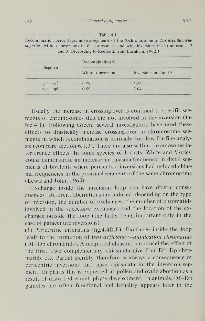 178 General cytogenetics §4.4 Table 4.1 Recombination percentages in two segments of the X-chromosome of Drosophila mela- nogaster, without inversions in the autosomes, and with inversions in chromosomes 2 and 3. (According to Redfield, from Burnham, 1962.) Usually the increase in crossing-over is confined to specific seg¬ ments of chromosomes that are not involved in the inversion (ta¬ ble 4.1). Following Green, several investigators have used these effects to drastically increase crossing-over in chromosome seg¬ ments in which recombination is normally too low for fine analy¬ sis (compare section 6.1.3). There are also within-chromosome in¬ terference effects. In some species of locusts, White and Morley could demonstrate an increase in chiasma-frequency in distal seg¬ ments of bivalents where pericentric inversions had reduced chias¬ ma frequencies in the proximal segments of the same chromosome (Lewis and John, 1965). Exchange inside the inversion loop can have drastic conse¬ quences. Different aberrations are induced, depending on the type of inversion, the number of exchanges, the number of chromatids involved in the successive exchanges and the location of the ex¬ changes outside the loop (the latter being important only in the case of paracentric inversions): (1) Pericentric inversions (fig.4.4D,E). Exchange inside the loop leads to the formation of two deficiency—duplication chromatids (Df—Dp chromatids). A reciprocal chiasma can cancel the effect of the first. Two complementary chiasmata give four Df—Dp chro¬ matids etc. Partial sterility therefore is always a consequence of pericentric inversions that have chiasmata in the inversion seg¬ ment. In plants this is expressed as pollen and ovule abortion as a result of disturbed gametophyte development. In animals, Df—Dp gametes are often functional and lethality appears later in the