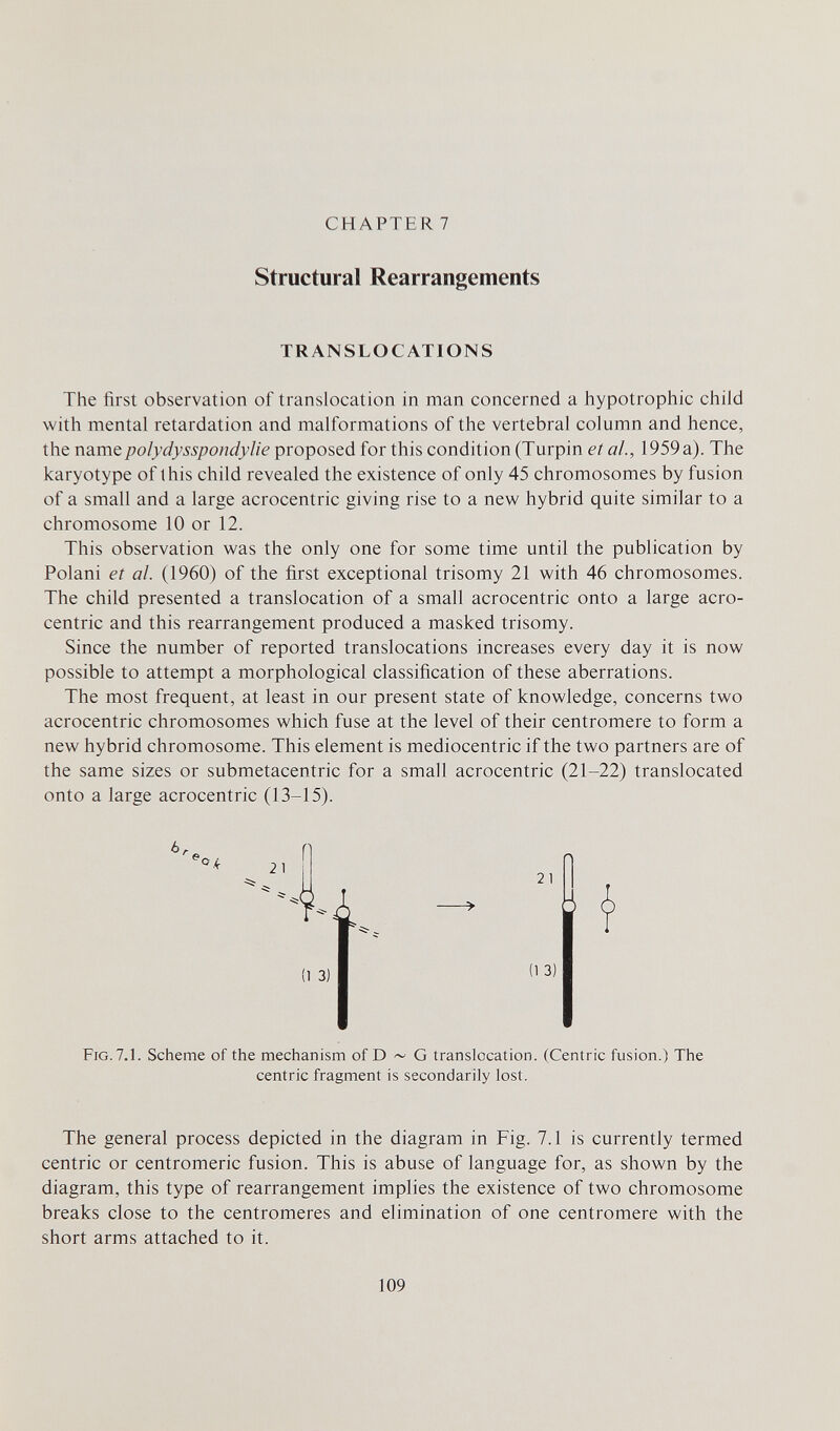 CHAPTER 7 Structural Rearrangements TRANSLOCATIONS The first observation of translocation in man concerned a hypotrophic child with mental retardation and malformations of the vertebral column and hence, the namepolydysspondylie proposed for this condition (Turpin et al, 1959a). The karyotype of this child revealed the existence of only 45 chromosomes by fusion of a small and a large acrocentric giving rise to a new hybrid quite similar to a chromosome 10 or 12. This observation was the only one for some time until the publication by Polani et al. (1960) of the first exceptional trisomy 21 with 46 chromosomes. The child presented a translocation of a small acrocentric onto a large acro¬ centric and this rearrangement produced a masked trisomy. Since the number of reported translocations increases every day it is now possible to attempt a morphological classification of these aberrations. The most frequent, at least in our present state of knowledge, concerns two acrocentric chromosomes which fuse at the level of their centromere to form a new hybrid chromosome. This element is mediocentric if the two partners are of the same sizes or submetacentric for a small acrocentric (21-22) translocated onto a large acrocentric (13-15). Fig. 7.1. Scheme of the mechanism of D ^ G translocation. (Centric fusion.) The centric fragment is secondarily lost. The general process depicted in the diagram in Fig. 7.1 is currently termed centric or centromeric fusion. This is abuse of language for, as shown by the diagram, this type of rearrangement implies the existence of two chromosome breaks close to the centromeres and elimination of one centromere with the short arms attached to it. j j 21 (1 3) 109