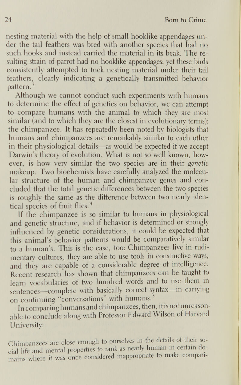 24 Born to Crime nesting material with the help of small hooklike appendages un¬ der the tail feathers was bred with another species that had no such hooks and instead carried the material in its beak. The re¬ sulting strain of parrot had no hooklike appendages; yet these birds consistently attempted to tuck nesting material under their tail feathers, clearly indicating a genetically transmitted behavior pattern.^ Although we cannot conduct such experiments with humans to determine the effect of genetics on behavior, we can attempt to compare humans with the animal to which they are most similar (and to which they are the closest in evolutionary terms); the chimpanzee. It has repeatedly been noted by biologists that humans and chimpanzees are remarkably similar to each other in their physiological details—as would be expected if we accept Darwin's theory of evolution. What is not so well known, how¬ ever, is how very similar the two species are in their genetic makeup. Two biochemists have carefully analyzed the molecu¬ lar structure of the human and chimpanzee genes and con¬ cluded that the total genetic differences between the two species is roughly the same as the difference between two nearly iden¬ tical species of fruit flies. If the chimpanzee is so similar to humans in physiological and genetic structure, and if behavior is determined or strongly influenced by genetic considerations, it could be expected that this animal's behavior patterns would be comparatively similar to a human's. This is the case, too: Chimpanzees live in rudi¬ mentary cultures, they are able to use tools in constructive ways, and they are capable of a considerable degree of intelligence. Recent research has shown that chimpanzees can be taught to learn vocabularies of two hundred words and to use them in sentences—complete with basically correct syntax—in carrying on continuing conversations  with humans.^ In comparing humans and chimpanzees, then, it is not unreason¬ able to conclude along with Professor Edward Wilson of Harvard University: Chimpan/ces arc close enough to ourselves in the details of their so¬ cial life and mental properties to rank as nearly human in certain do¬ mains where it was once considered inappropriate to make compari-