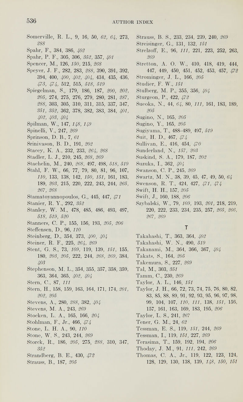 Somerville, R. L., 9, 16, 50, 62, 64, 273, 288 Spahr, F., 384, 386, 402 Spahr, P. F., 305, 306, 352, 357, 401 Spencer, M., 126, 150, 215, 268 Speyer, J. F.. , 282, , 283, , 288, 390, 391, 392, 394, 400, 4 OO, 402 , 404 , 434, 435, 436, 473, 474, 512, 515, 518, 519 Spiegelman, S., 179, : 186, 187, 200 , 202 , 205, 274, 275, 276, 279, 280, 281, 287, 288, 303, 305, 310, 311, 315, 337, 347, 351, 352, 362, 378, 382, 383, 384, 401 , 402 , 403, 404 Spilman, W., 147, 148 , 149 Spinelli, V., 247, 269 Sprinson, D. B., 7, 61 Srinivason, B. D., 191, 202 Stacey, K. A., 232, 233, 264, 268 Stadler, L. J., 210, 245, 268, 269 Staehelin, M., 240, 268, 497, 498, 518, 519 Stahl, F. W, 66, 77, 79, 80, 81, 96, 107, 110, 133, 138, 142, 150, 151, 161, 183, 189, 203, 215, 220, 222, 243, 244, 265, 267, 268 Stamatoyannopoulos, G., 445, 447, 477 Stanier, R. Y., 292, 352 Stanley, W. M., 478, 485, 486, 493, 497, 518, 519, 520 Stanners, С. P., 155, 156, 193, 205, 206 Steffensen, D., 96, 110 Steinberg, D., 354, 373, 400, 404 Steiner, R. F„ 225, 264, 269 Stent, G. S., 73, 109, 119, 139, 151, 155, 180, 203, 205, 222, 244, 268, 269, 384, 403 Stephenson, M. L., 354, 355, 357, 358, 359, 363, 364, 365, 402, 404 Stern, C., 87, 111 Stern, H, 158, 159, 163, 164, 171, 174, 201, 202, 205 Stevens, A., 280, 288, 382, 404 Stevens, M. A., 243, 269 Stocken, L. A., 165, 166, 204 Stohlman, F., Jr., 466, 47 4 Stone, L. H. A., 90, 110 Stone, W. S., 243, 244, 269 Storck, R., 186, 205, 275, 288, 310, 347, 352 Strandberg, В. E., 430, 472 Strauss, B., 187, 205 Strauss, B. S., 233, 234, 239, 240, 269 Streisinger, G., 131, 132, 151 Strelzoff, E, 96, 111, 221, 223, 252, 263, 269 Stretton, A. O. W., 410, 418, 419, 444, 447, 449, 450, 451, 452, 453, 457, 472 Strominger, J. L., 166, 205 Studier, F. W., 151 Stulberg, M. P., 355, 356, 404 Sturgeon, P., 422, 472 Sueoka, N., 44, 64, 80, 111, 161, 183, 189, 205 Sugino, N., 165, 205 Sugino, Y., 165, 205 Sugiyama, T., 488-489, 497, 519 Suit, H. D., 467, 474 Sullivan, E., 416, 454, 470 Sunderland, N., 157, 203 Suskind, S. A., 179, 187, 202 Suzuka, I., 362, 404 Swanson, C. P., 245, 269 Swartz, M. N., 38, 39, 45, 47, 49, 50, 64 Swenson, R. T., 424, 427, 471, 474 Swift, H. H., 157, 205 Swift, J., 160, 188, 206 Szybalski, W., 79, 109, 193, 201, 218, 219, 220, 222, 233, 234, 235, 257, 265, 266, 267, 269 T Takahashi, T., 363, 364, 402 Takahashi, W. N., 490, 519 Takanami, M., 364, 366, 367, 404 Takats, S., 164, 205 Takemura, S., 227, 269 Tal, M., 303, 351 Tamm, C., 230, 269 Taylor, A. L., 146, 151 Taylor, J. H„ 66, 72, 73, 74, 75, 76, 80, 82, 83, 85, 88, 89, 91, 92, 93, 95, 96, 97, 98, 99, 104, 107, 110, 111, 138, 151, 156, 157, 161, 163, 169, 183, 195, 206 Taylor, L. S., 241, 267 Tener, G. M., 24, 62 Tessman, E. S., 119, 151, 244, 269 Tessman, I„ 119, 151, 227, 269 Terasima, T., 159, 192, 194, 206 Thoday, J. M., 91, 111, 242, 269 Thomas, C. A., Jr„ 119, 122, 123, 124, 128, 129, 130, 138, 139, 148, 150, 151