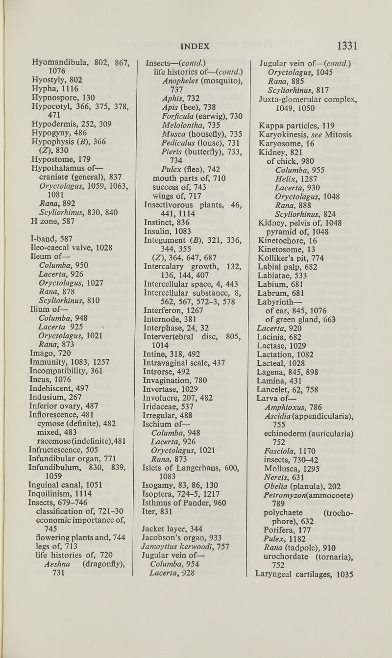 Hyomandibula, 802, 867, 1076 Hyostyly, 802 Hypha, 1116 Hypnospore, 130 Hypocotyl, 366, 375, 378, 471 Hypodermis, 252, 309 Hypogyny, 486 Hypophysis (.6), 366 (Z), 830 Hypostome, 179 Hypothalamus of— craniate (general), 837 Oryctolagus, 1059, 1063, 1081 Rana, 892 Scyliorhinus, 830, 840 H zone, 587 I-band, 587 Ileo-caecal valve, 1028 Ileum of— Columba, 950 Lacerta, 926 Oryctolagus, 1027 Rana, 878 Scyliorhinus, 810 Ilium of— Columba, 948 Lacerta 925 * Oryctolagus, 1021 Rana, 873 Imago, 720 Immunity, 1083, 1257 Incompatibility, 361 Incus, 1076 Indéhiscent, 497 Indusium, 267 Inferior ovary, 487 Inflorescence, 481 cymose (definite), 482 mixed, 483 racemose (indefinite),481 Infructescence, 505 Infundibular organ, 771 Infundibulum, 830, 839, 1059 Inguinal canal, 1051 Inquilinism, 1114 Insects, 679-746 classification of, 721-30 economic importance of, 745 flowering plants and, 744 legs of, 713 life histories of, 720 Aeshna (dragonfly), 731 Insects—( contd.) life histories of— {contd.) Anopheles (mosquito), 737 Aphis, 732 Apis (bee), 738 Forficula (earwig), 730 Melolontha, 735 Musca (housefly), 735 Pediculus (louse), 731 Pieris (butterfly), 733, 734 Pulex (flea), 742 mouth parts of, 710 success of, 743 wings of, 717 Insectivorous plants, 46, 441, 1114 Instinct, 836 Insulin, 1083 Integument {B), 321, 336, 344, 355 (Z), 364, 647, 687 Intercalary growth, 132, 136, 144, 407 Intercellular space, 4, 443 Intercellular substance, 8, 562, 567, 572-3, 578 Interferon, 1267 Internode, 381 Interphase, 24, 32 Intervertebral disc, 805, 1014 Intine, 318, 492 Intra vaginal scale, 437 Introrse, 492 Invagination, 780 Invertase, 1029 Involucre, 207, 482 Iridaceae, 537 Irregular, 488 Ischium of— Columba, 948 Lacerta, 926 Oryctolagus, 1021 Rana, 873 Islets of Langerhans, 600, 1083 Isogamy, 83, 86, 130 Isoptera, 724-5, 1217 Isthmus of Pander, 960 Iter, 831 Jacket layer, 344 Jacobson’s organ, 933 Jamoytius kerwoodi, 757 Jugular vein of— Columba , 954 Lacerta, 928 Jugular vein of— {contd.) Oryctolagus, 1045 Rana, 885 Scyliorhinus, 817 Juxta-glomerular complex, 1049, 1050 Kappa particles, 119 Karyokinesis, see Mitosis Karyosome, 16 Kidney, 821 of chick, 980 Columba, 955 Helix, 1287 Lacerta, 930 Oryctolagus, 1048 Rana, 888 Scyliorhinus, 824 Kidney, pelvis of, 1048 pyramid of, 1048 Kinetochore, 16 Kinetosome, 13 Kolliker’s pit, 774 Labial palp, 682 Labiatae, 533 Labium, 681 Labrum, 681 Labyrinth— of ear, 845, 1076 of green gland, 663 Lacerta, 920 Lacinia, 682 Lactase, 1029 Lactation, 1082 Lacteal, 1028 Lagena, 845, 898 Lamina, 431 Lancelet, 62, 758 Larva of— Amphioxus, 786 Ascidia (appendicularia), 755 echinoderm (auricularia) 752 Fasciola, 1170 insects, 730-42 Mollusca, 1295 Nereis, 631 Obelia (planula), 202 Petromyzon{ ammocoete) 789 polychaete (trocho- phore), 632 Porifera, 177 Pulex, 1182 Rana (tadpole), 910 urochordate (tomaria), 752 Laryngeal cartilages, 1035