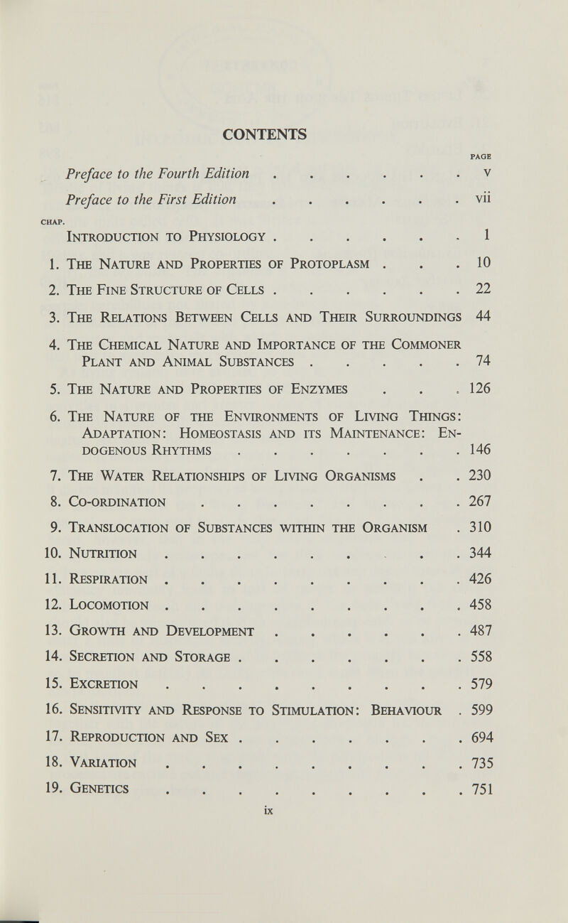 CONTENTS PAGE Preface to the Fourth Edition ...... v Preface to the First Edition ...... vii CHAP. Introduction to Physiology 1 1. The Nature and Properties of Protoplasm . . .10 2. The Fine Structure of Cells 22 3. The Relations Between Cells and Their Surroundings 44 4. The Chemical Nature and Importance of the Commoner Plant and Animal Substances 74 5. The Nature and Properties of Enzymes . . .126 6. The Nature of the Environments of Living Things: Adaptation: Homeostasis and its Maintenance: En dogenous Rhythms 146 7. The Water Relationships of Living Organisms . . 230 8. Co-ordination 267 9. Translocation of Substances within the Organism . 310 10. Nutrition 344 11. Respiration 426 12. Locomotion 458 13. Growth and Development 487 14. Secretion and Storage 558 15. Excretion 579 16. Sensitivity and Response to Stimulation: Behaviour . 599 17. Reproduction and Sex 694 18. Variation 735 19. Genetics 751 ix