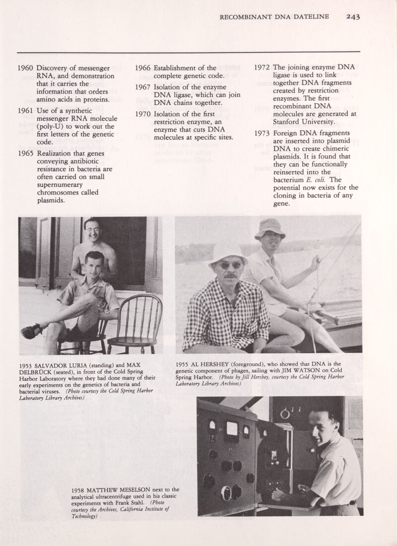 RECOMBINANT DNA DATELINE 243 1960 Discovery of messenger RNA, and demonstration that it carries the information that orders amino acids in proteins. 1961 Use of a synthetic messenger RNA molecule (poly-U) to work out the first letters of the genetic code. 1965 Realization that genes conveying antibiotic resistance in bacteria are often carried on small supernumerary chromosomes called Plasmids. 1966 Establishment of the complete genetic code. 1967 Isolation of the enzyme DNA ligase, which can join DNA chains together. 1970 Isolation of the first restriction enzyme, an enzyme that cuts DNA molecules at specific sites. 1972 The joining enzyme DNA ligase is used to link together DNA fragments created by restriction enzymes. The first recombinant DNA molecules are generated at Stanford University. 1973 Foreign DNA fragments are inserted into plasmid DNA to create chimeric Plasmids. It is found that they can be functionally reinserted into the bacterium E. coli. The potential now exists for the cloning in bacteria of any gene. 1953 SALVADOR LURIA (standing) and MAX DELBRÜCK (seated), in front of the Cold Spring Harbor Laboratory where they had done many of their early experiments on the genetics of bacteria and bacterial viruses. (Photo courtesy the Cold Spring Harbor Laboratory Library Archives) 1955 AL HERSHEY (foreground), who showed that DNA is the genetic component of phages, sailing with JIM WATSON on Cold Spring Harbor. (Photo by Jill Hershey, courtesy the Cold Spring Harbor Laboratory Library Archives) 1958 MATTHEW MESELSON next to the analytical ultracentrifuge used in his classic experiments with Frank Stahl. (Photo courtesy the Archives, California Institute of Technology)