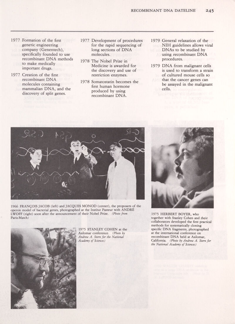 RECOMBINANT DNA DATELINE 245 1977 Formation of the first genetic engineering company (Genentech), specifically founded to use recombinant DNA methods to make medically important drugs. 1977 Creation of the first recombinant DNA molecules containing mammalian DNA, and the discovery of split genes. 1977 Development of procedures for the rapid sequencing of long sections of DNA molecules. 1978 The Nobel Prize in Medicine is awarded for the discovery and use of restriction enzymes. 1978 Somatostatin becomes the first human hormone produced by using recombinant DNA. 1979 General relaxation of the NIH guidelines allows viral DNAs to be studied by using recombinant DNA procedures. 1979 DNA from malignant cells is used to transform a strain of cultured mouse cells so that the cancer genes can be assayed in the malignant cells. 1966 FRANÇOIS JACOB (left) and JACQUES MONOD (center), the proposers of the Operon model of bacterial genes, photographed at the Institut Pasteur with ANDRÉ LWOFF (right) soon after the announcement of their Nobel Prize. (Photo from Paris-Match^l 1975 STANLEY COHEN at the Asilomar conference. (Photo by Andrew A. Stern for the National Academy of Sciences) 1975 HERBERT BOYER, who together with Stanley Cohen and their collaborators developed the first practical methods for systematically cloning specific DNA fragments, photographed at the international conference on recombinant DNA held at Asilomar, California. (Photo by Andretv A. Stem for the National Academy of Sciences)