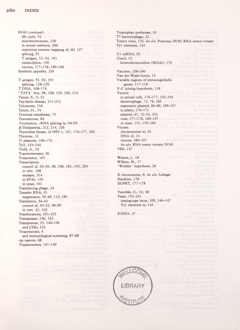2бО INDEX SV40 (continued) life cycle, 53 minichromosome, 129 in mouse embryos, 200 restriction enzyme mapping of, 60, 127 splicing, 91 T antigen, 53, 92, 191 transcription, 130 vectors, 177-178, 189-196 Synthetic peptides, 239 T antigen, 53, 92, 191 splicing, 128-129 T DNA, 168-174 TATA box, 98, 108, 130, 160, 214 Tatum, E., 9, 32 Tay-Sachs disease, 211-212 Telomeres, 156 Temin, H., 54 Terminal transferase, 75 Testosterone, 84 Tetrahymena, rRNA splicing in, 94-95 /î-Thalassemia, 212, 214, 226 Thymidine kinase, of HSV-1, 107, 176-177, 202 Thymine, 12 Ti Plasmids, 168-174 ТпЗ, 143-144 Todd, A., 16 Topoisomerases, 26 Totipotency, 165 Transcription control of, 45^9, 98, 108, 181,'195, 203 in vitro, 108 mutants, 214 in SV40, 130 in yeast, 161 Transducing phage, 24 Transfer RNA, 35 suppressors, 39-40, 113, 181 Translation, 34—42 control of, 45-52, 98-99 in vitro, 42, 102 Translocations, 221-223 Transposase, 140, 142 Transposons, 25, 140-146 and LTRs, 133 Tropomyosin, 4 and immunological screening, 87-88 trp Operon, 48 Trypanosomes, 147-149 Tryptophan synthetase, 33 T7 bacteriophage, 22 Tumor virus, 176. See also Polyoma; SV40; RNA tumor viruses Tyl elements, 142 U1 snRNA, 93 Uracil, 12 bromodeoxyuridine (BrUdr), 176 Vaccines, 238-240 Van der Waals forces, 14 Variable regions of immunoglobulin genes, 117-118 V-C joining hypothesis, 118 Vectors in animal cells, 176-177, 193-194 bacteriophage, 72, 78, 185 expression plasmid, 86-88, 189-197 in plants, 170-171 plasmid, 67, 72-76, 233 viral, 177-178, 189-197 in yeast, 153, 159-160 Viruses chromosomes in, 53 DNA of, 14 vectors, 189-197 See also RNA tumor viruses; SV40 VSG, 147 Watson, J., 18 Wilkins, M., 17 Wobble hypothesis, 38 X chromosome, 8. See also Linkage Xanthine, 178 XGPRT, 177-178 Yanofsky, C., 32, 48 Yeast, 152-161 mating-type locus, 109, 146-147 Tyl elements in, 142 Z-DNA, 27