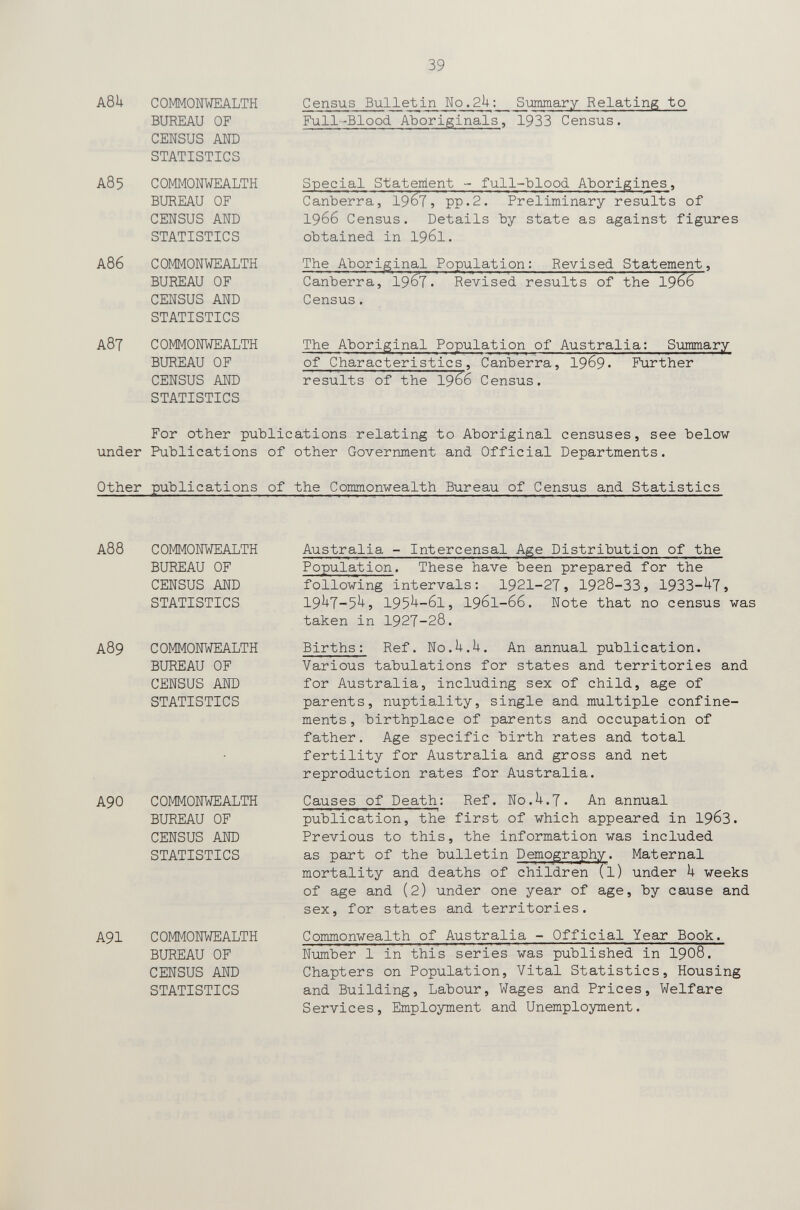 39 a8U commonwealth bureau of census and statistics a85 commonwealth bureau of census and statistics a86 commonwealth bureau of census and statistics a8t commonwealth bureau of census and statistics Census Bulletin N0.2U: Summary Relating to Full-Blood Aboriginals, 1933 Census. Special Statement - full-blood Aborigines, Canberra, 196Tj PP-2. Preliminary results of 1966 Census. Details by state as against figures obtained in I961. The Aborigina^l Population: Revised Statement, Canberra, 196^7. Revised results of the I966 Census. The Aboriginal Population of Australia: Summary of Characteristics, Canberra, 1969« Further results of the I966 Census. For other publications relating to Aboriginal censuses, see below under Publications of other Government and Official Departments. Other publications of the Commonwealth Bureau of Census and Statistics a88 A89 a90 A91 commonwealth bureau of census and statistics commonwealth bureau of census and statistics commonwealth bureau of census and statistics commonwealth bureau of census and statistics Australia - Intercensal Age Distribution of the Population. These have been prepared for the following intervals: 1921-27» 1928-33, 1933-^7» 19^7-5^9 195^-61, 1961-66. Note that no census was taken in 1927-28. Births : Ref. No.U.U. An annual publication. Various tabulations for states and territories and for Australia, including sex of child, age of parents, nuptiality, single and multiple confine¬ ments, birthplace of parents and occupation of father. Age specific birth rates and total fertility for Australia and gross and net reproduction rates for Australia. Causes of Death: Ref. N0.U.7. An annual publication, the first of which appeared in 196З. Previous to this, the information was included as part of the bulletin Demograph;y_. Maternal mortality and deaths of children (l) under U weeks of age and (2) under one year of age, by cause and sex, for states and territories. Commonwealth of Australia - Official Year Book. Number 1 in this series was published in I908. Chapters on Population, Vital Statistics, Housing and Building, Labour, Wages and Prices, Welfare Services, Employment and Unemployment.